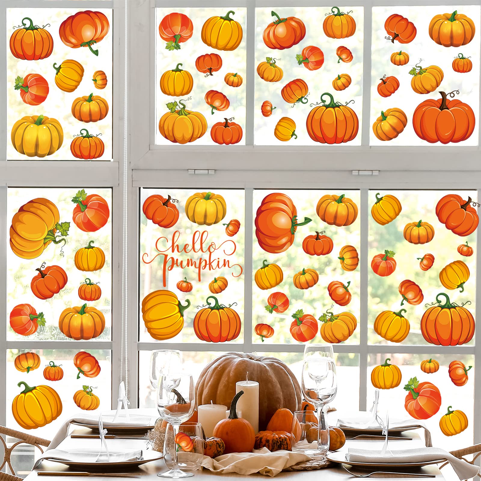 Whaline 9 Sheet Thanksgiving Pumpkin Window Clings Hello Pumpkin Double-Sided Window Decals for Fall Autumn Thanksgiving Harvest Home School Office Accessories Party Supplies Gifts