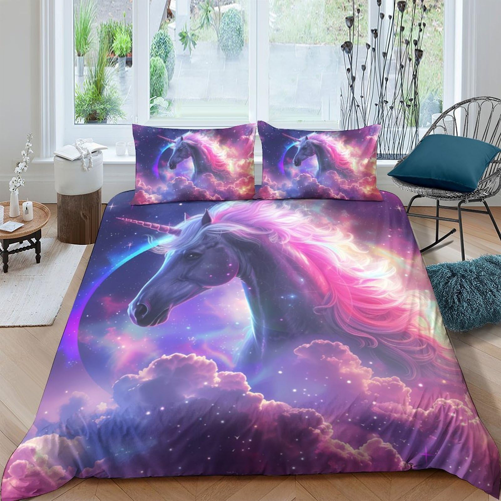 Ctjqhvkz Style-5 3D Printed Fantasy Unicorn Fitted Sheet Microfiber Soft Pink Purple Nebula Mattress Cover For Bedroom Dorm Decor Single（135X200cm）