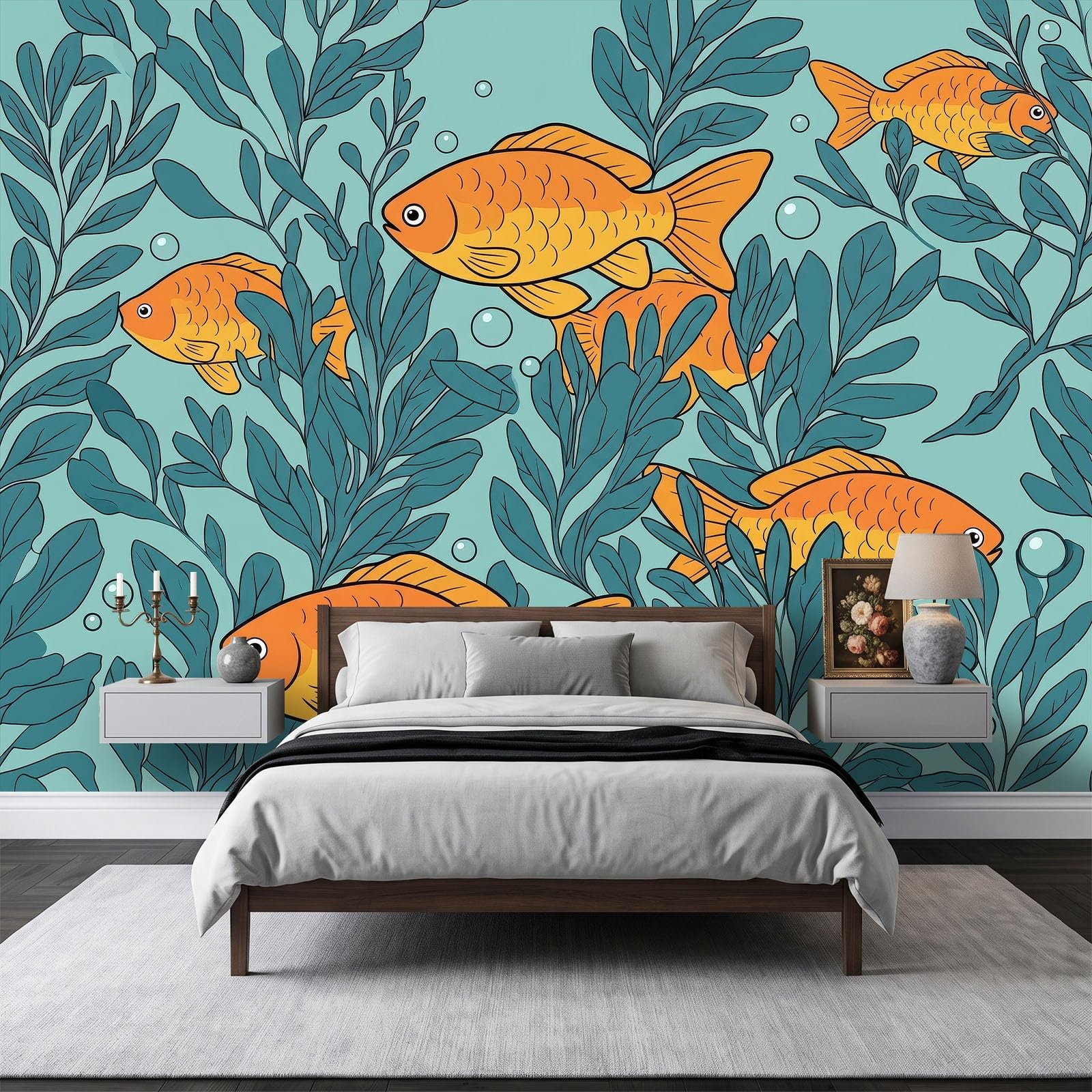 Générique 200 x 140 cm Panoramiczna tapeta akwarela Ryby Rośliny Wodne 3D Projekt ścienny, dekoracja ścienna do zdjęć, tapety z włókniny dekoracja ścienna salon sypialnia, niebiesko-zielony