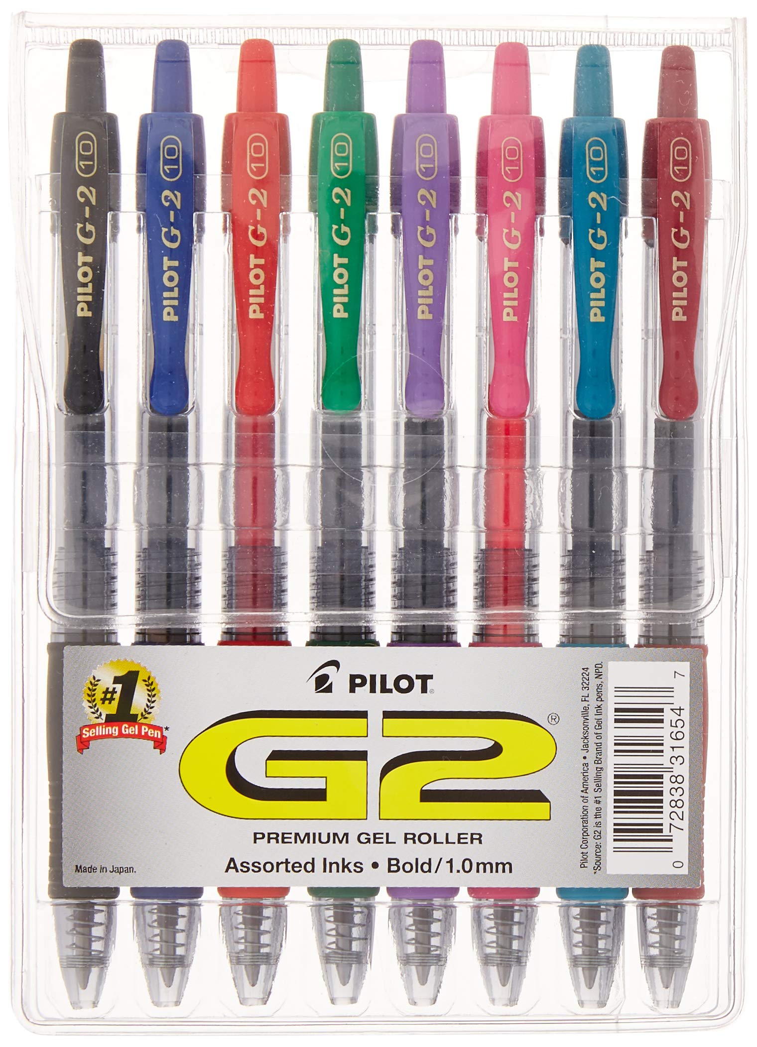 Pilot(R) G-2(TM) Retractable Gel Ink Rollerball Pen, Bold Point, 1.0 mm, Assorted Barrels, Assorted Ink Colors, Pack of 8