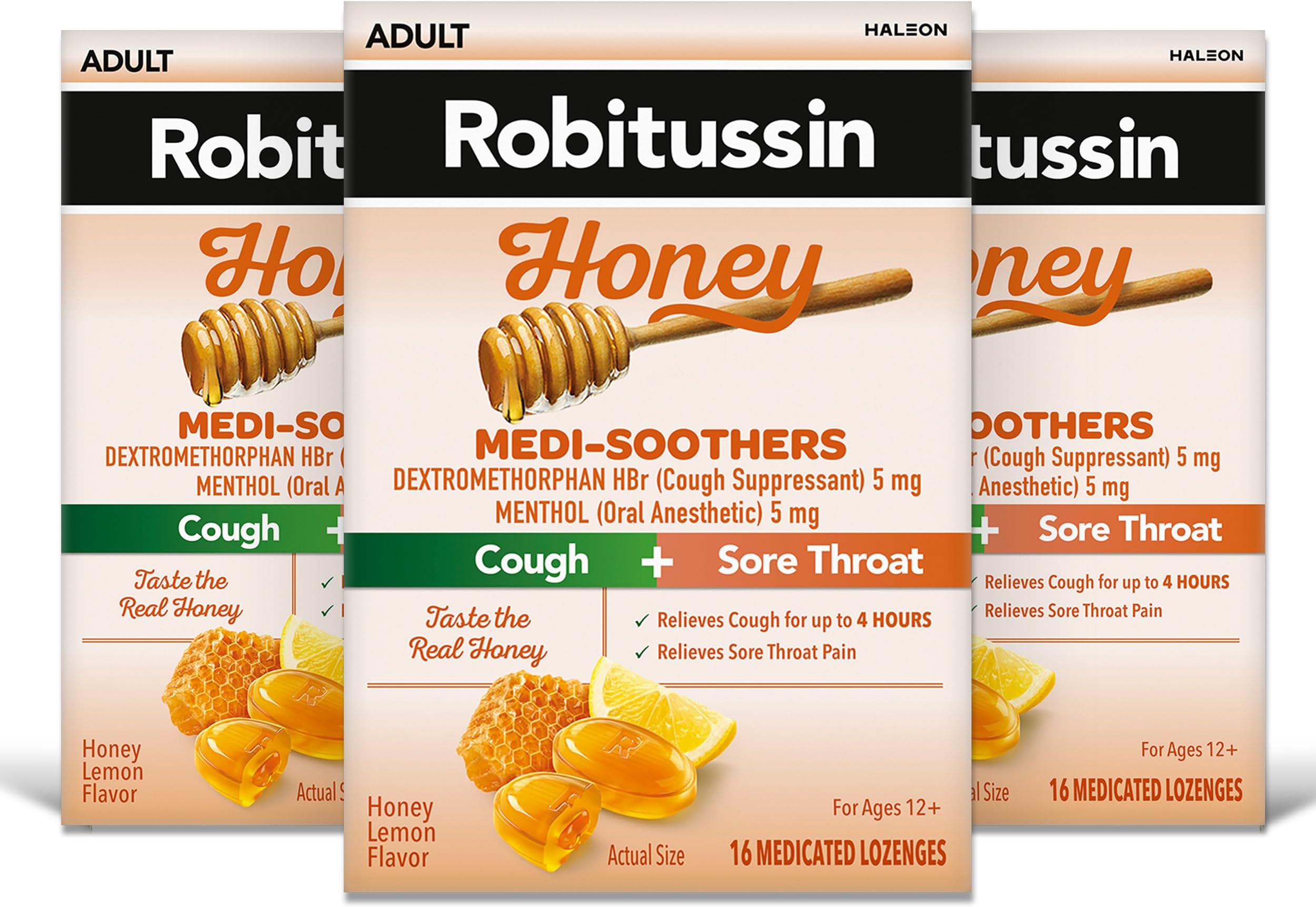 Robitussin Medi-Soothers Honey Lemon Throat Lozenges, Long-Lasting Cough + Sore Throat Pain Relief - 48 Count (3 x 16ct Packs)