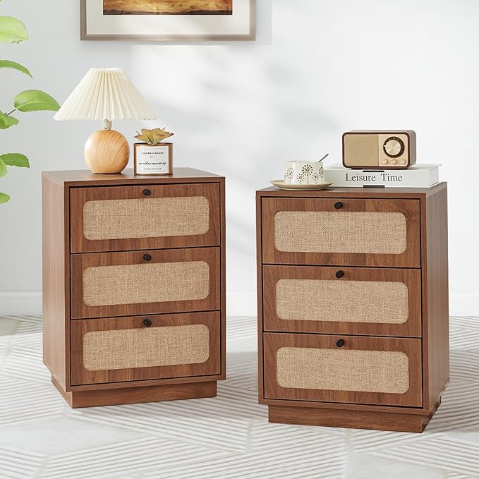 AVZEAR Mid Century Night Stand Set of 2, Modern Nightstand with 3 Drawers and Nature Linen Panel, Wood Bedside Table Rustic End Table for Small Space, Dorm, Bedroom(Walnut)