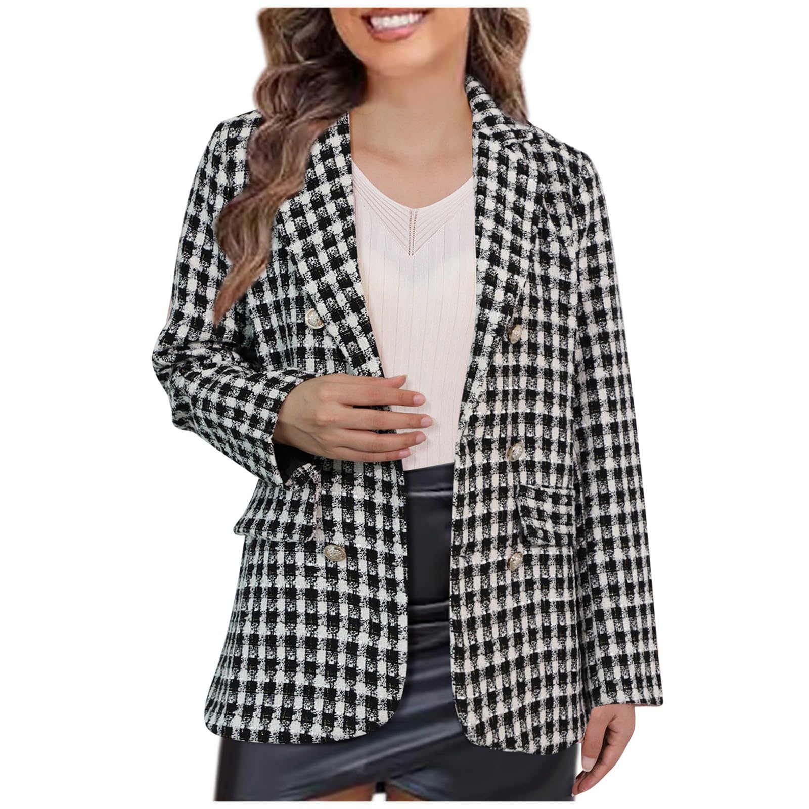 Blazer Mujer Tweed de Cuadros, Americana de Manga Larga con Doble Botonadura y Solapa, Chaqueta de Traje Vintage para Trabajo, Oficina y Otoño