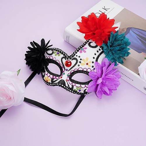 Miniatura 5 de SUMERSHA Máscara del Día de los Muertos mexicanos para mujer, diseño floral de calavera de azúcar, máscara de disfraz de Halloween