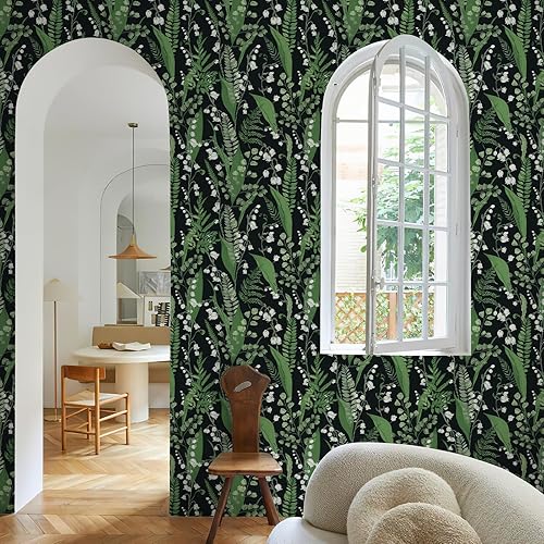 Miniatura 2 de Simon&Siff Papel tapiz vintage para despegar y pegar, papel tapiz botánico floral verde y negro, autoadhesivo, extraíble, apto para inquilinos,
