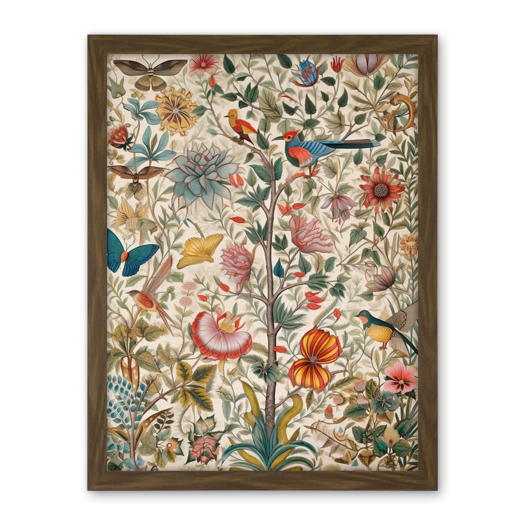Artery8 Butterflies And Flower Plants Pattern Folk Art Watercolour Painting Artwork Framed Wall Art Print 18X24 Inch
