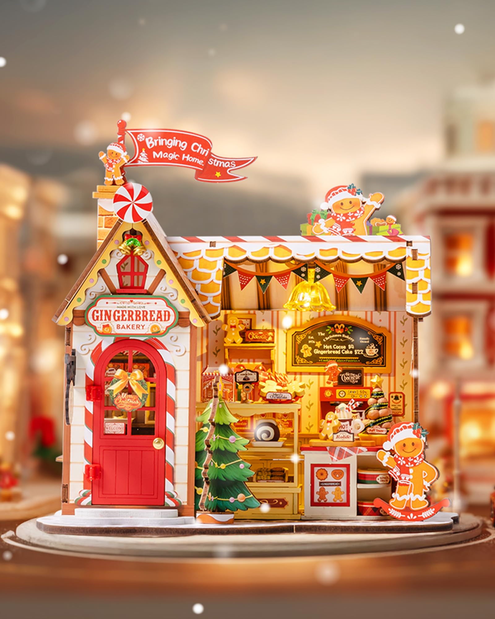 Rolife Casa delle Bambole di Natale Casetta Pan di Zenzero Kit Miniatura Fai-da-te Modello in Legno Decorazione Natalizia Regalo Creativo per Adulti e Ragazzi