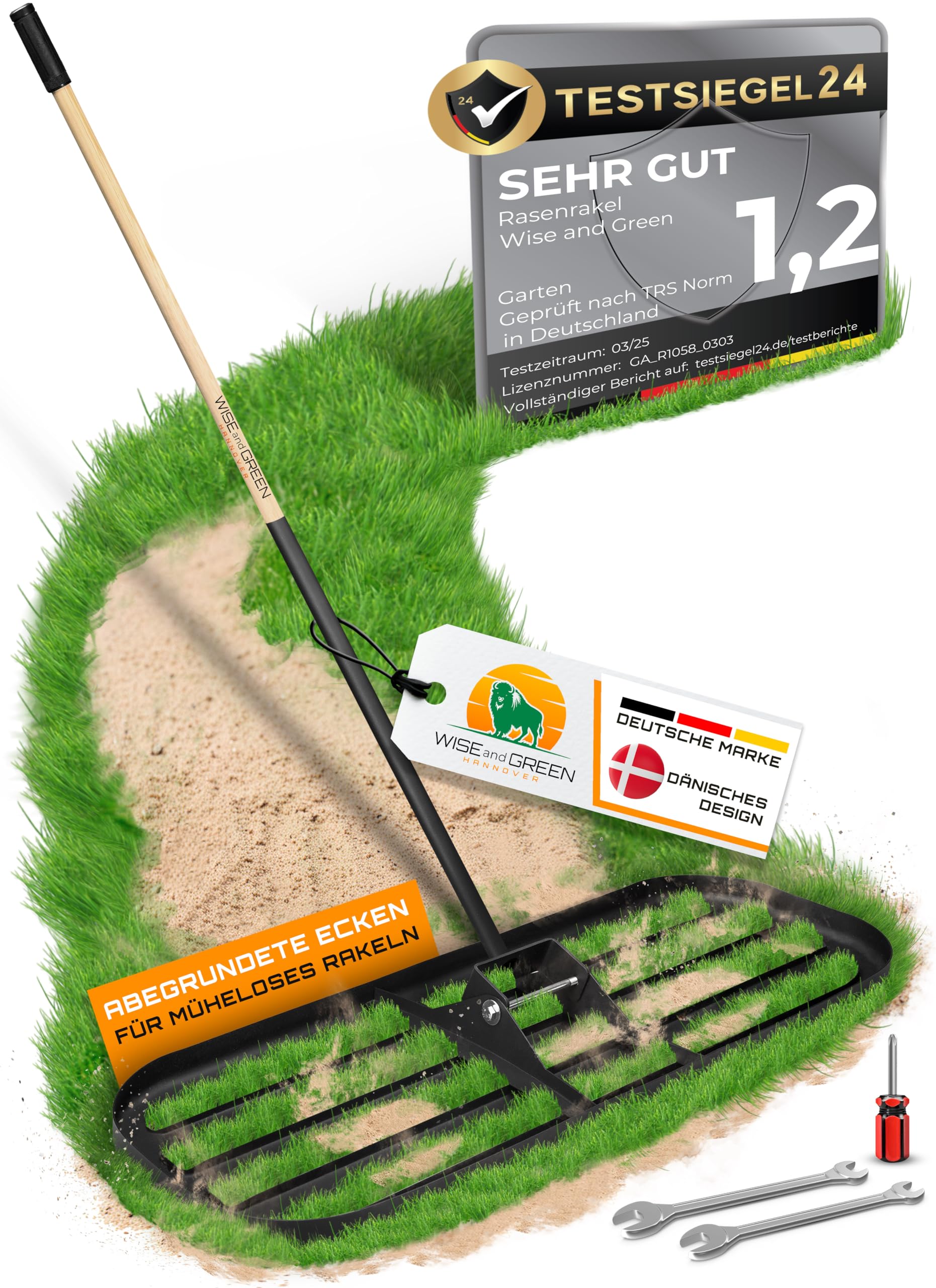 Rasenrakel mit runden Ecken von WISEandGREEN | 80x30cm | Kein Verkanten – Schonende perfekte Rasenpflege aus hochwertigem rostfreien Edelstahl Nivellierrechen, Premium Gartengerät mit Stiel