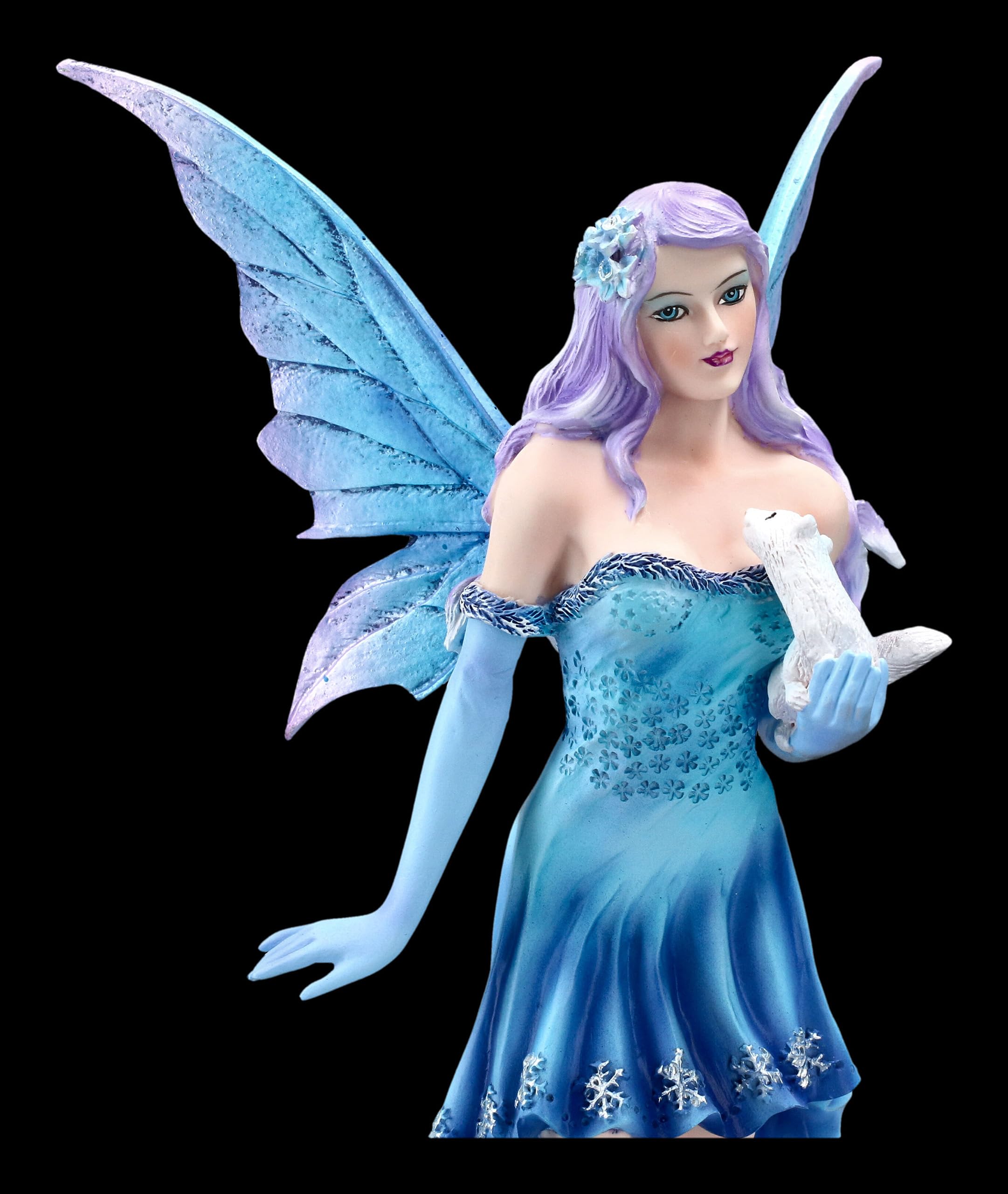 Winter Elfen Figur Melly mit weißem Frettchen, 26 cm, Kunststein, Handbemalt - Winterlandschaft, blaues Kleid