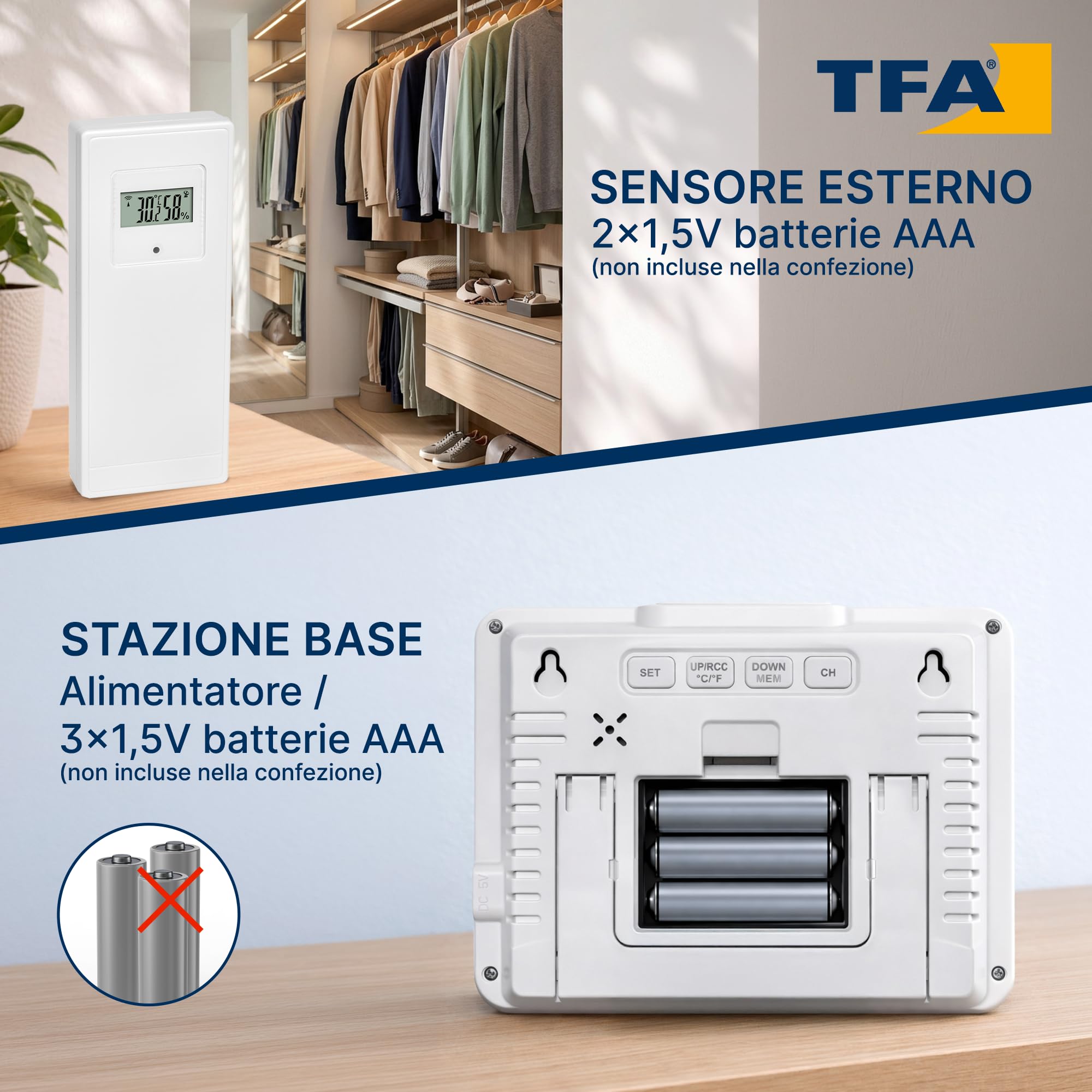 TFA Dostmann stazione meteo con sensore esterno METEO SKY, 35.1175.02, wifi, retroilluminazione colorata, termometro/umidità interna ed esterna, previsioni meteo con simboli, digitale, bianco