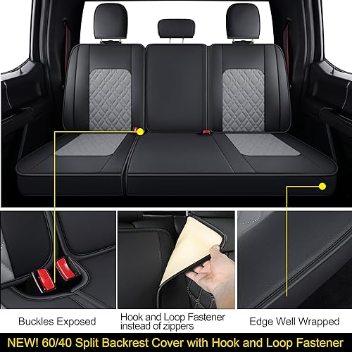 Vista 37 de LUCKYMAN CLUB Juego completo de fundas de asiento F150 J03-Q3 con piel sintética impermeable, para Ford F150 2015-2025 y F250 F350 F450 2017-2025