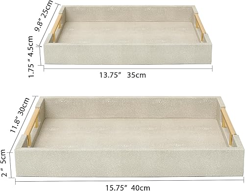Miniatura 3 de Shagreen - Juego de 2 bandejas para servir con asas de metal pulido dorado, bandeja decorativa de madera de marfil de piel sintética con oro