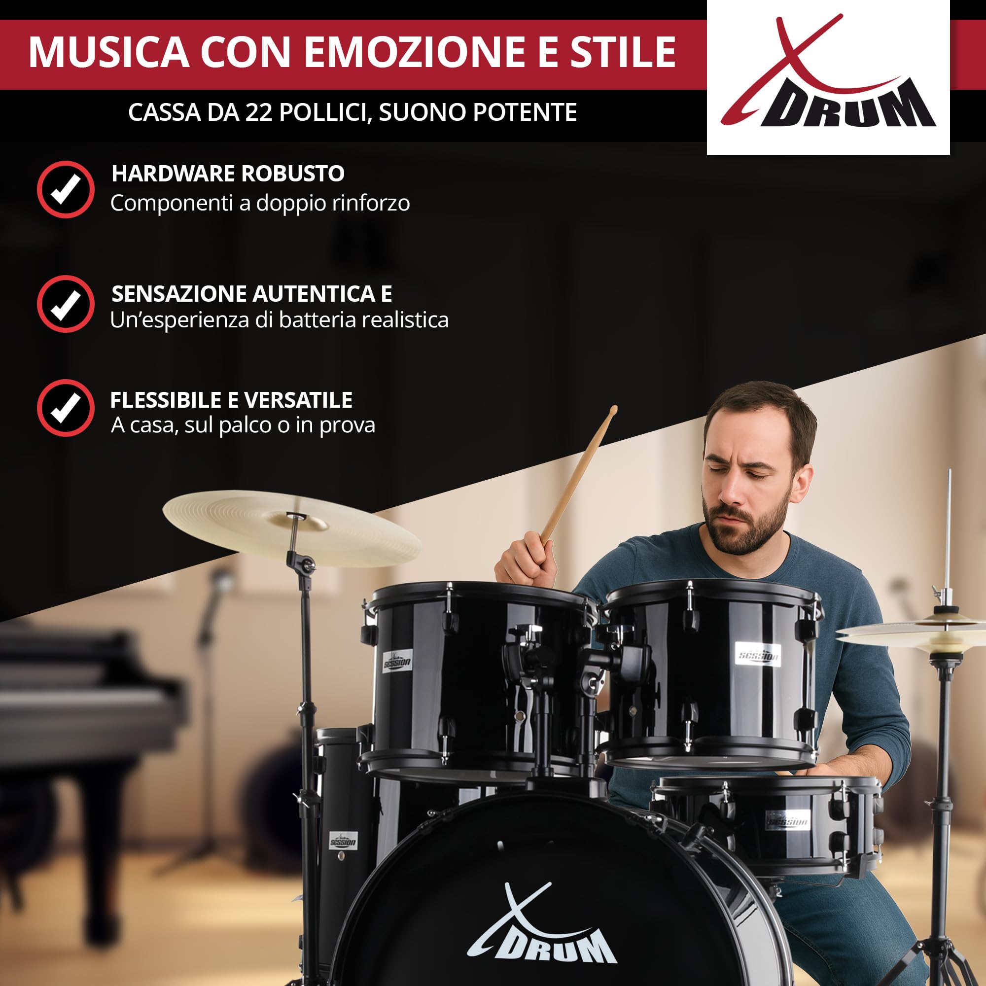 XDrum Rookie 22" Standard Batteria Completa Black - Ideale per Principianti - Hardware Elegante in nero - Incl. Bacchette 5B, Istruzioni di Montaggio e Scuola di Batteria - Nero