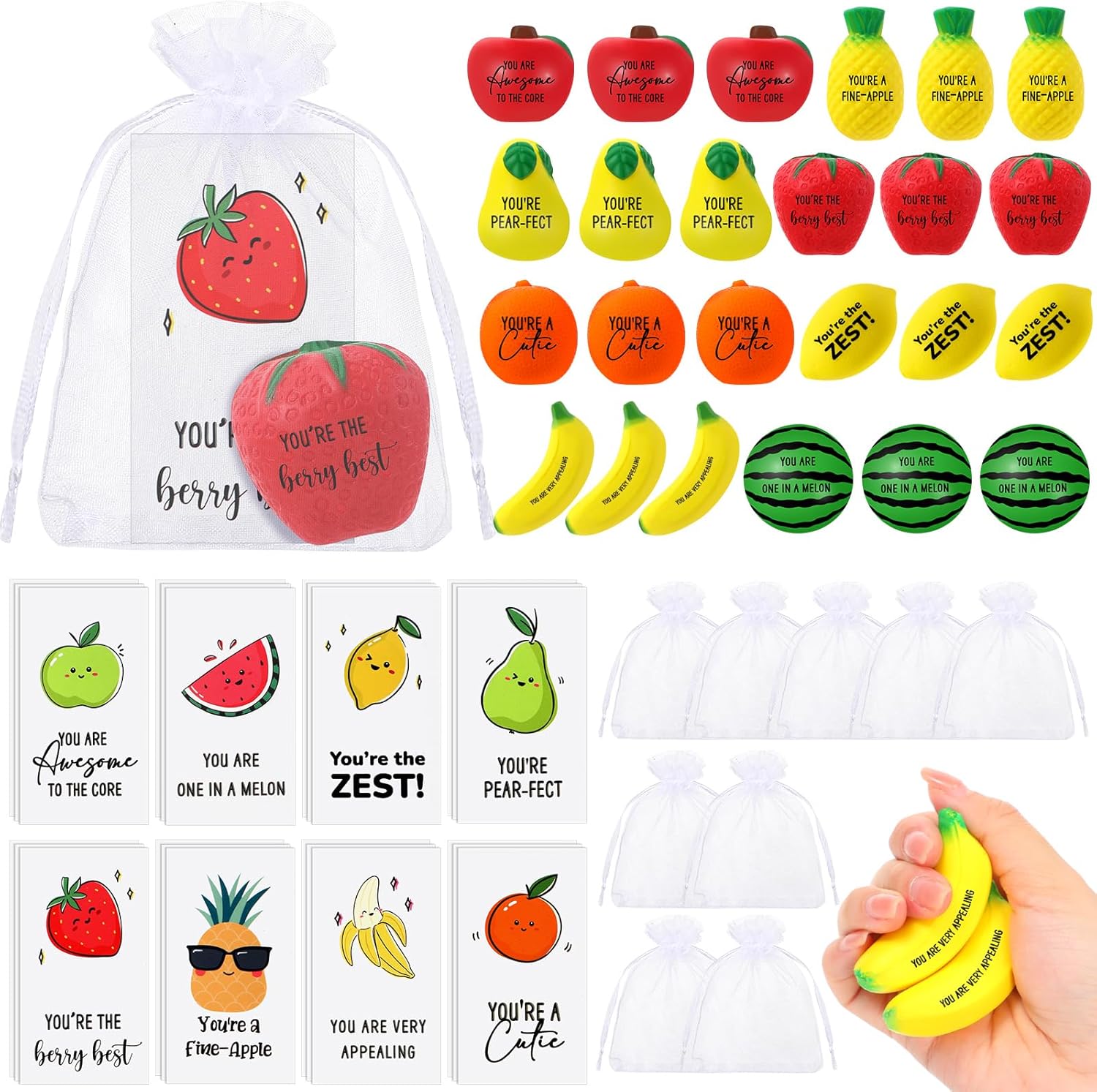 Outus 24 juegos de bolas de frutas para el estrés con citas motivacionales, bolas de frutas para el estrés, juguetes con tarjetas inspiradoras,