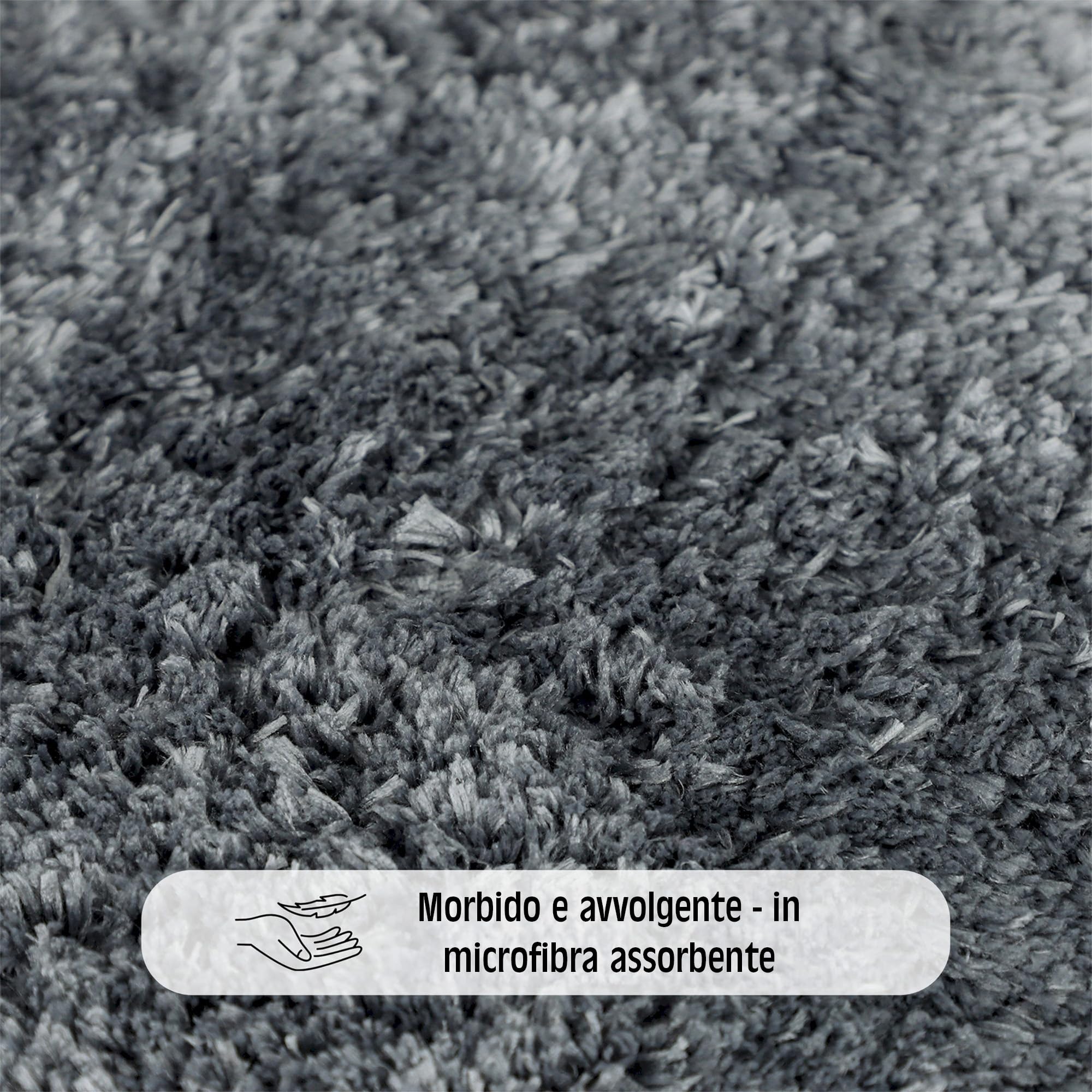 Tappeto bagno rotondo Ø 56 cm, microfibra shaggy a pelo lungo, grigio, antiscivolo e assorbente, lavabile in lavatrice 30°C e asciugabile a bassa temperatura, adatto a riscaldamento a pavimento