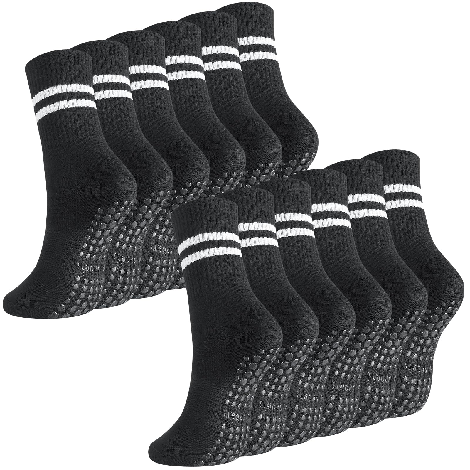 Jspupifip 6 Pairs Grip Pilates Socks Women, Non Slip Yoga Stripe Grippy Crew Breathable Cotton Socks for Ballet Dance, Black