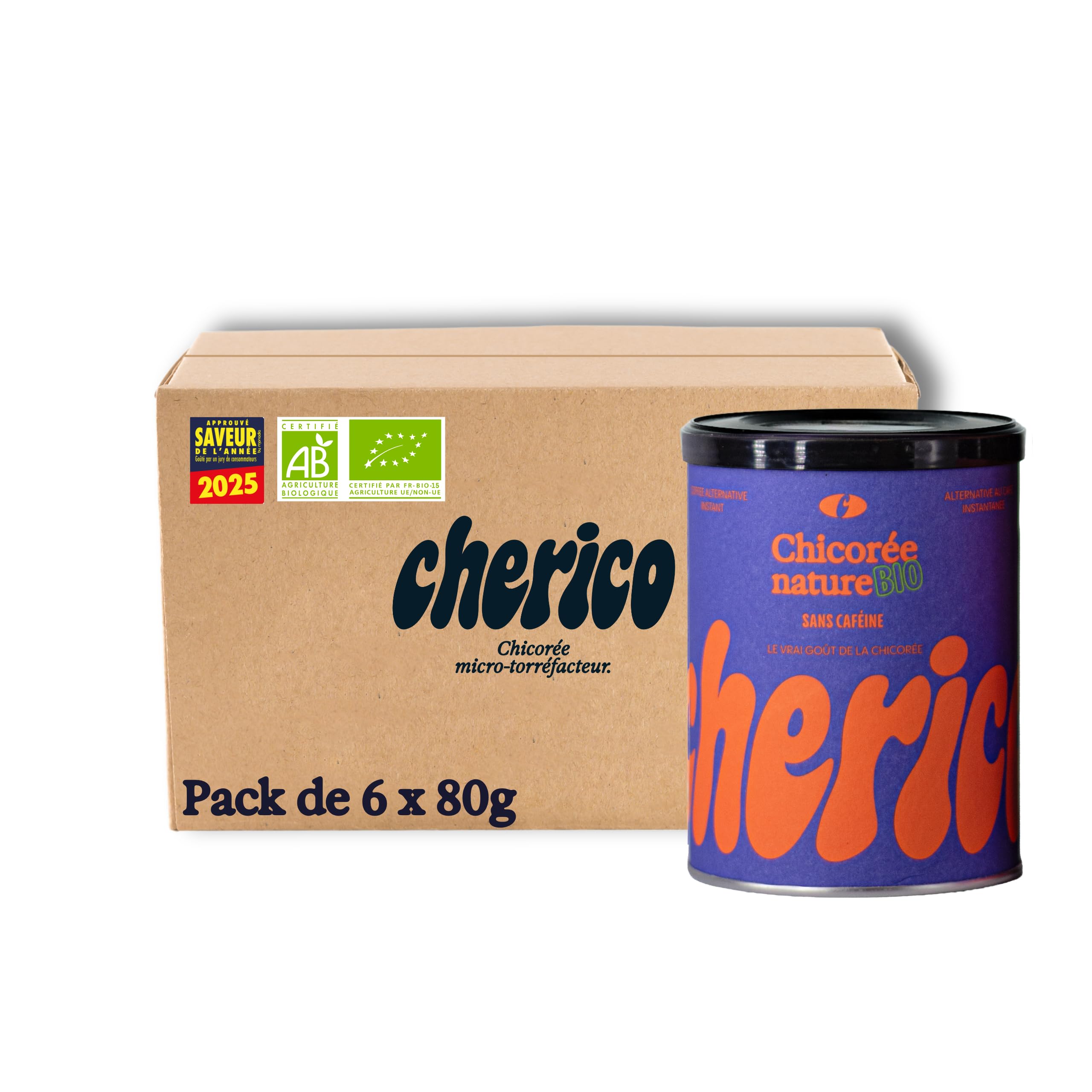 Cherico Chicorée bio Nature - Pack de 6 x 80g (≈ 20 tasses par boîte) | Sans caféine, Riche en fibres, Notes toastées et noisette, Fabriquée en France, Soluble