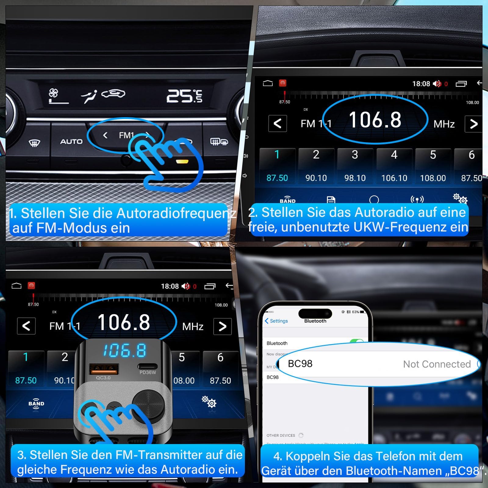 Adapter Bluetooth do samochodu, nadajnik FM - Bluetooth 5.3 zestaw głośnomówiący, ładowarka PD36W USB-C & QC3.0, adapter Bluetooth do samochodu z wyświetlaczem napięcia dla iPhone, Android Autoradio