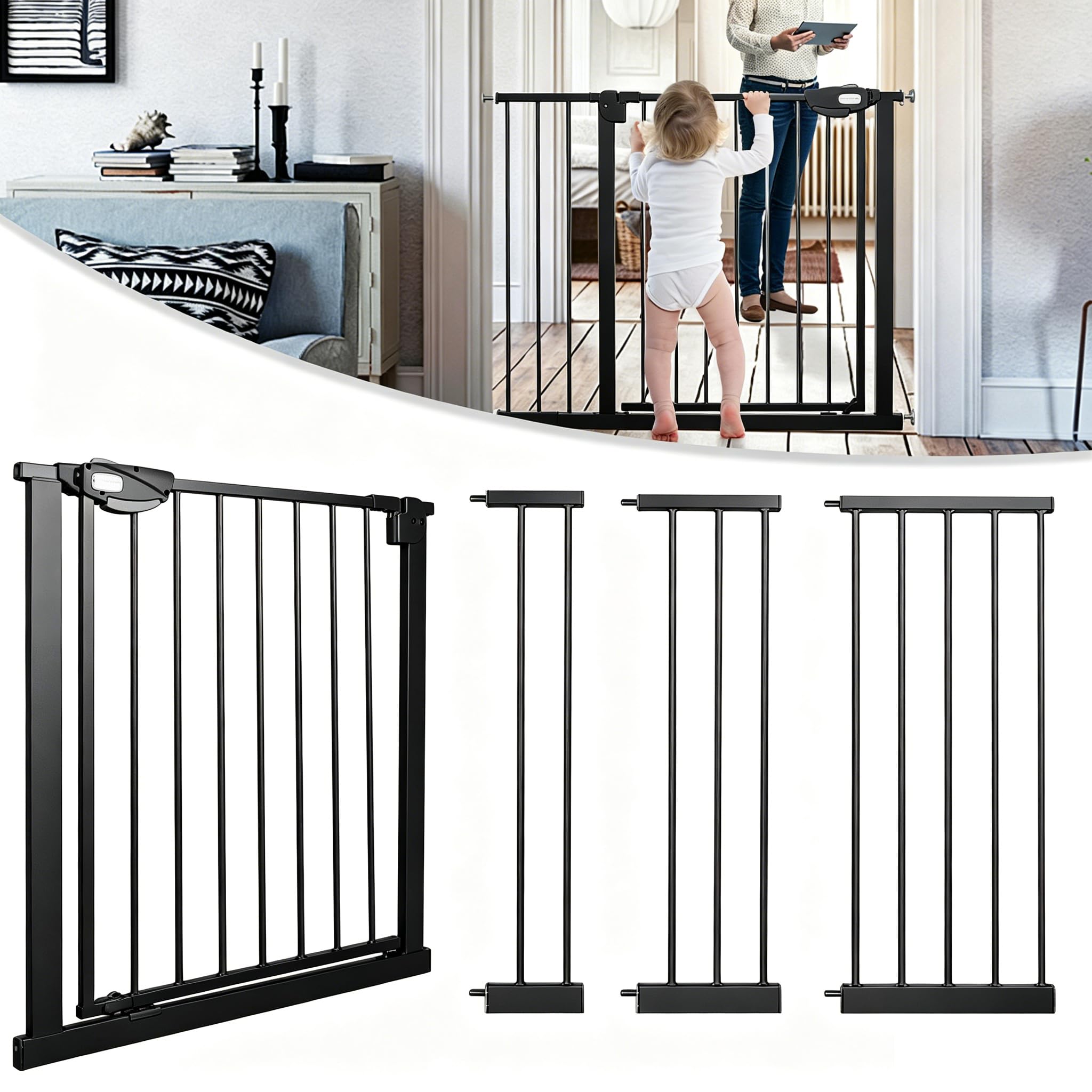 Yunvin Stair Gate for Doorways & Stairs, Adjustable 95-105cm, Easy Close Baby Safety Gate with Double Lock No-Screw Install Pressure Fit for Babies, Toddlers & Pets, Black