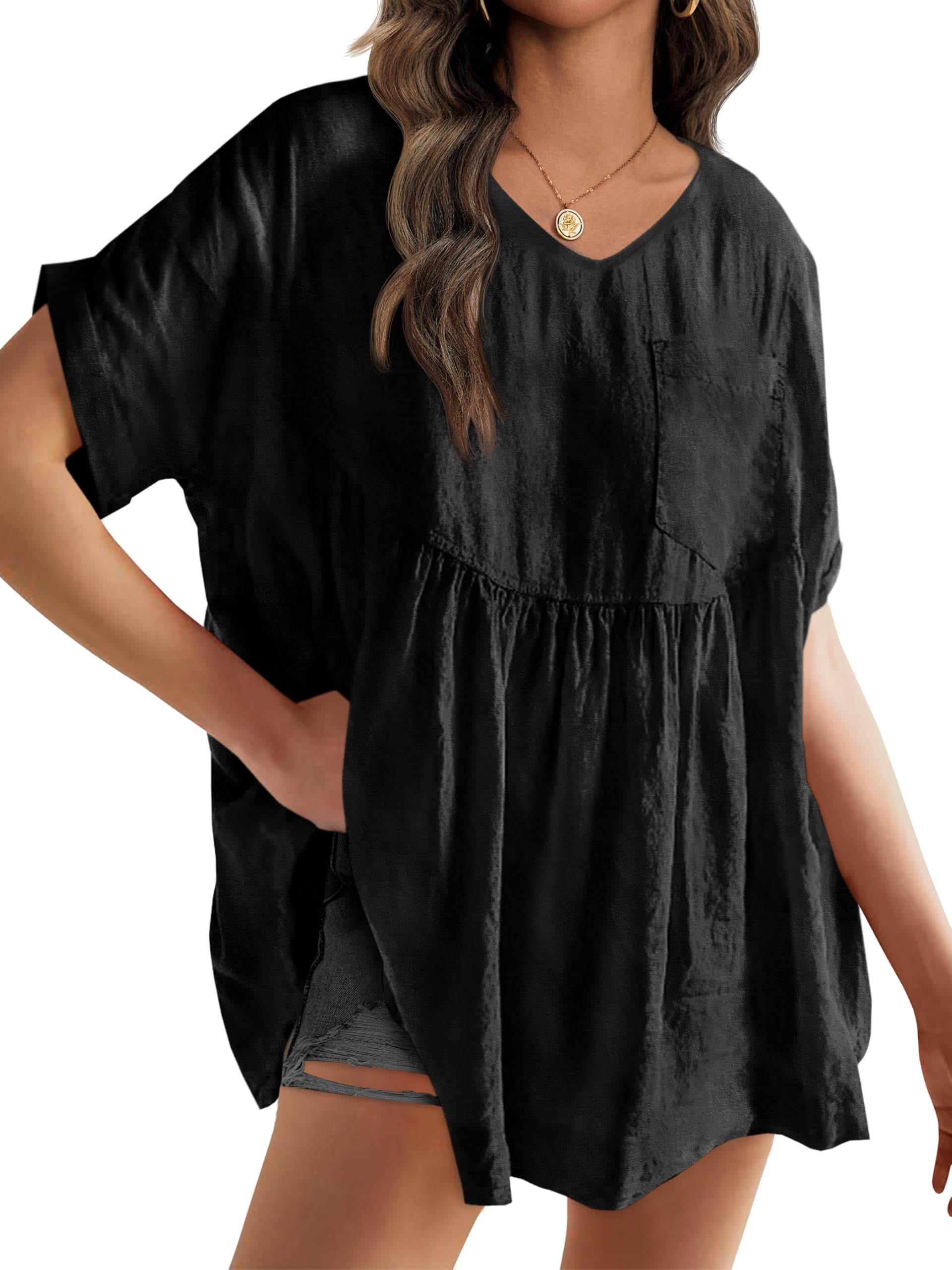 Womens V Neck Babydoll Tops Summer Short Sleeve Oversized Tshirts Casual Loose Fit Peplum Tunic Shirts