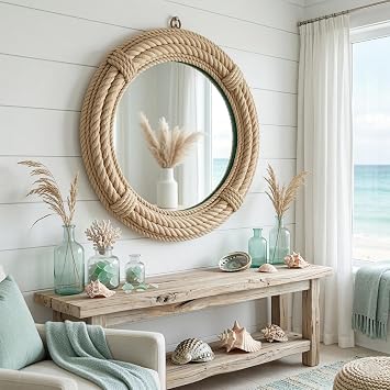 16 Inch Round Rustic Farmhouse Boho Shabby Chic Wall Hanging Mirror with Natural Jute Rope Decor Accent for Entryway, Bedroom, or Living Room (Color 4)