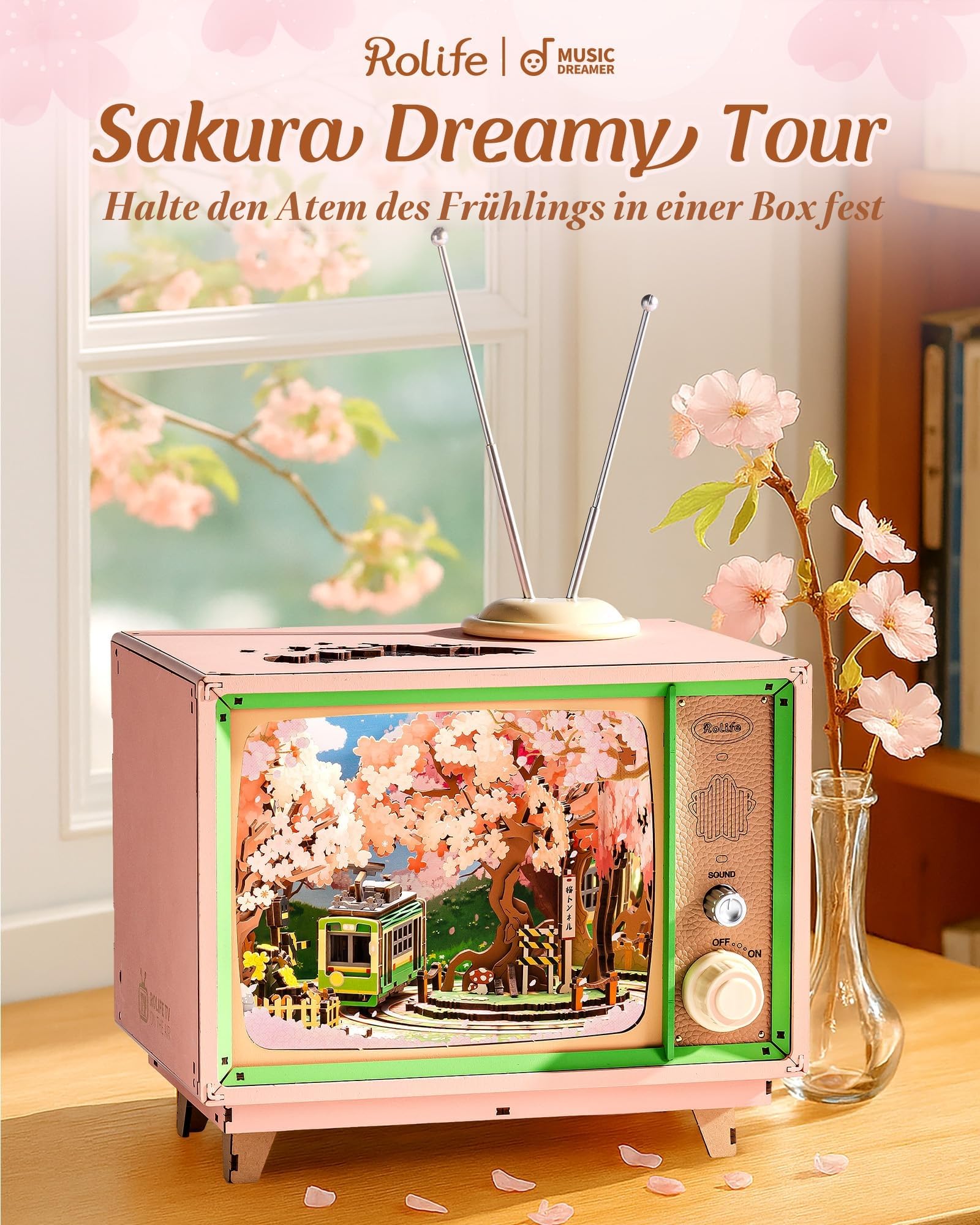 Rolife Modellbausatz Spieluhr Sakura Traumreise DIY Miniatur Haus Kit mit Kirschblüten Szene Holz Puppenhaus zur Deko für Zuhause und Bücherregal Geburtstagsgeschenk für Sie