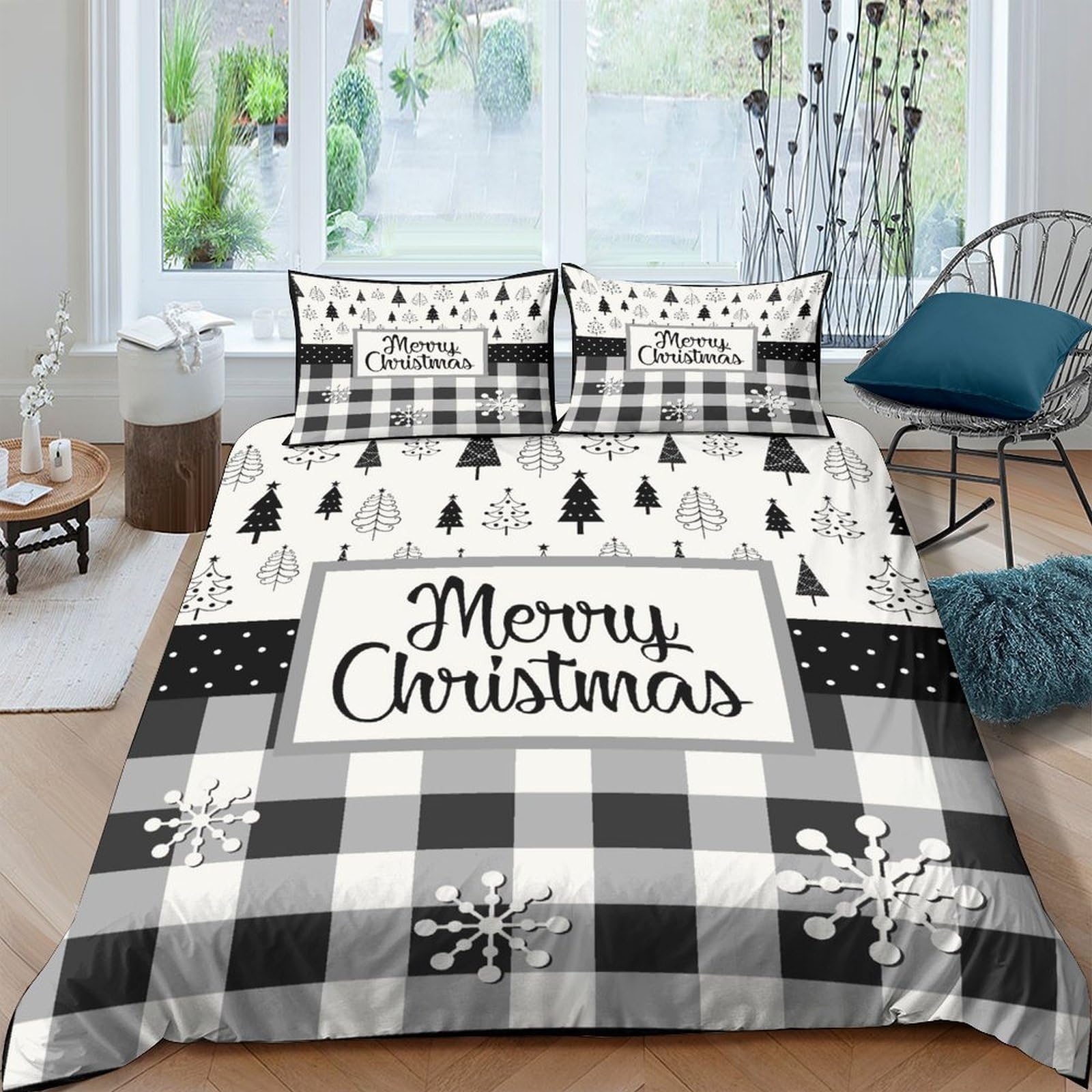 Ctjqhvkz Style-4 3D Printed Black White Plaid Christmas Tree Fitted Sheet Microfiber Soft Breathable Snowflake Bed Cover For Bedroom Guest Room Single（135X200cm）