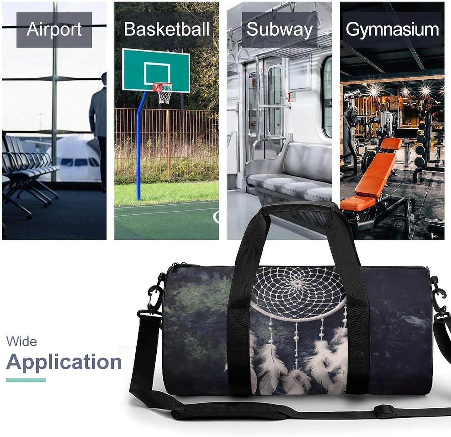 White Fantasy Dream Catcher Gym Bag Hand-held Fitness Bags Cylindrical Fitness Bag with Shoe Large Compartment Duffle Bags for Travel Sports Unisex image 3