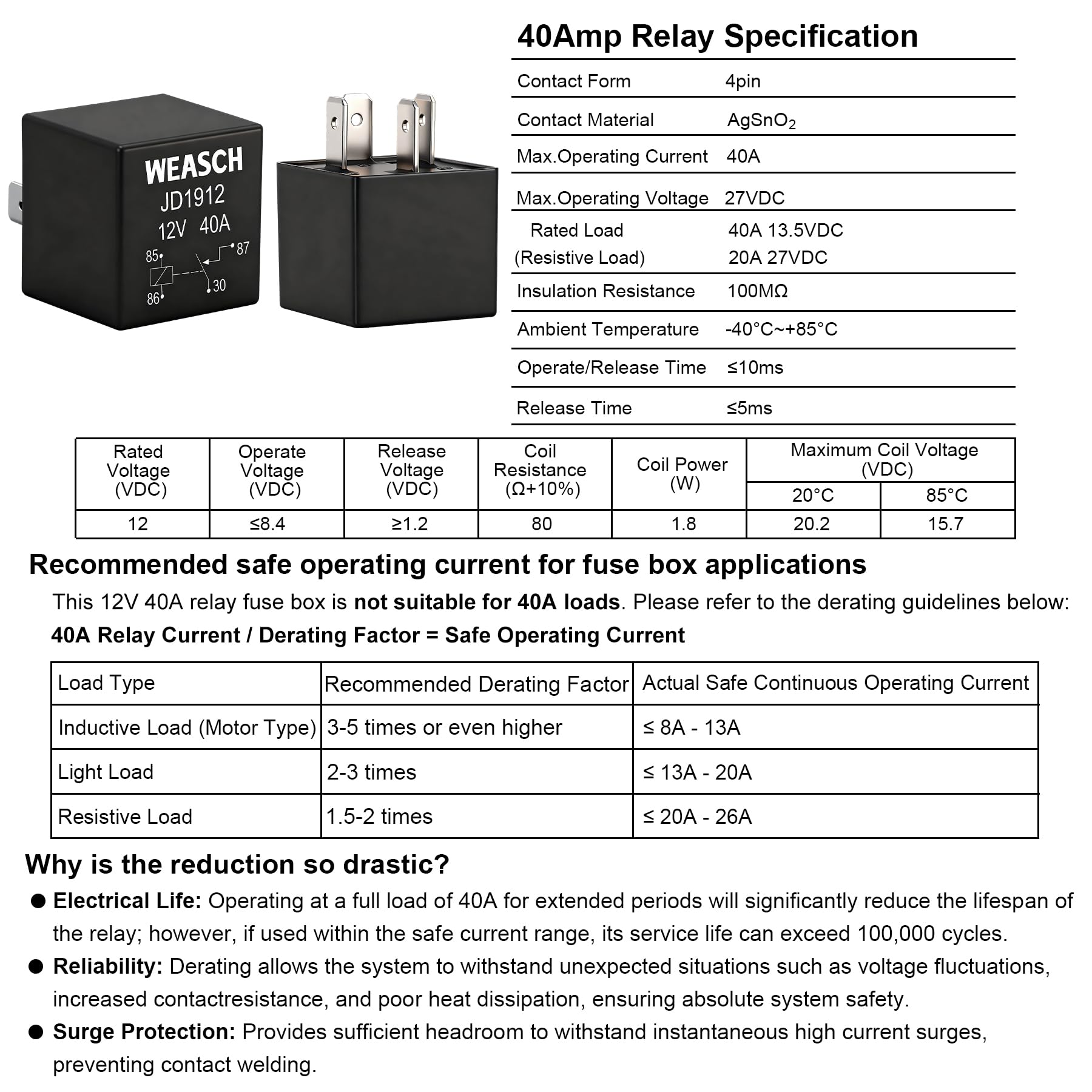 12V 6-fach vorverdrahteter wasserdichter Sicherungsrelaiskasten, 2 Relais und 6 ATC/ATO-Flachsicherungen, 4-poliger 40A-Relaisblock und -Kit, für PKW, LKW, Boot und Jeep