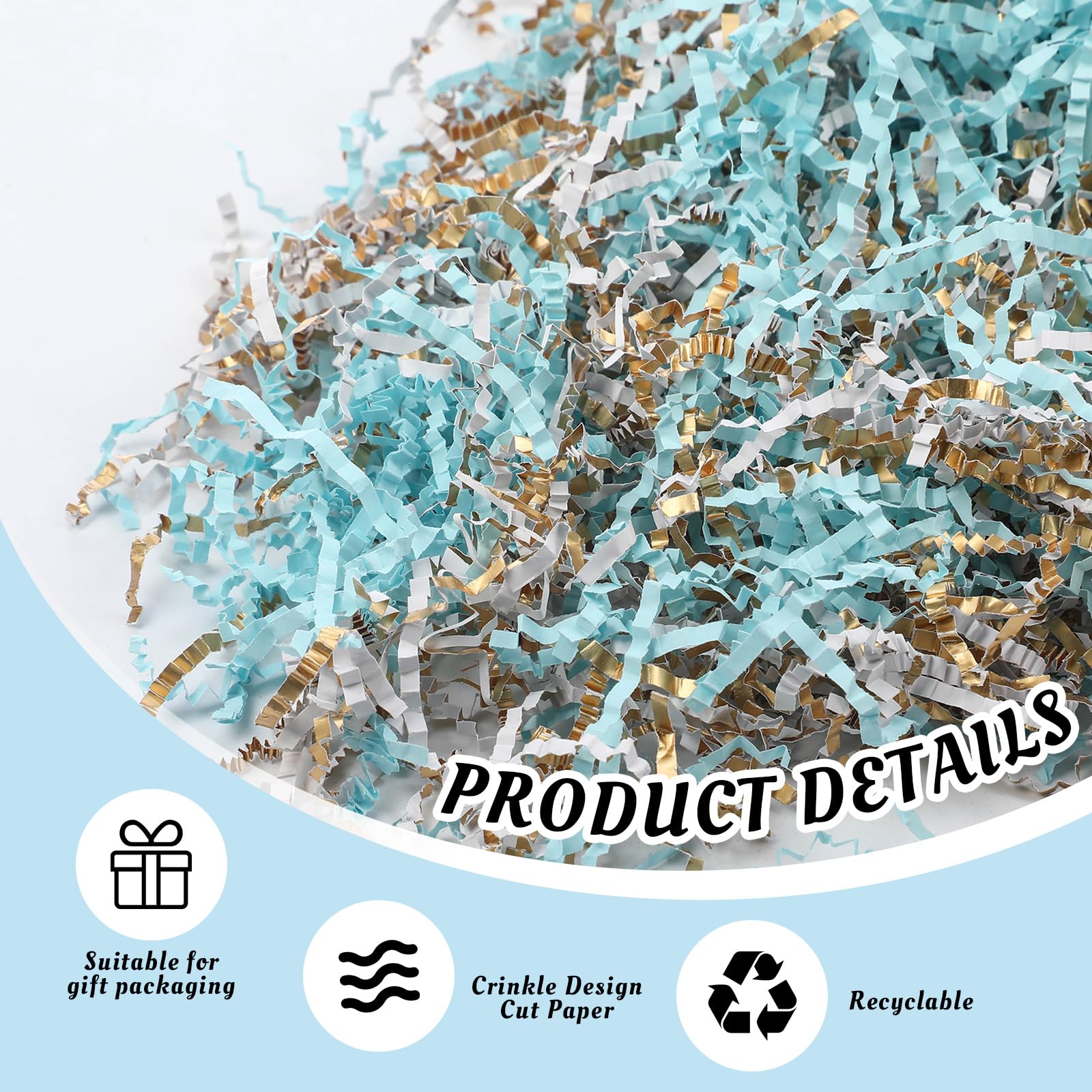 Papel de corte arrugado de 2 libras para cestas de regalo, papel triturado para caja de regalo, papel de rafia azul claro y dorado para embalaje de graduación para fiestas, cumpleaños