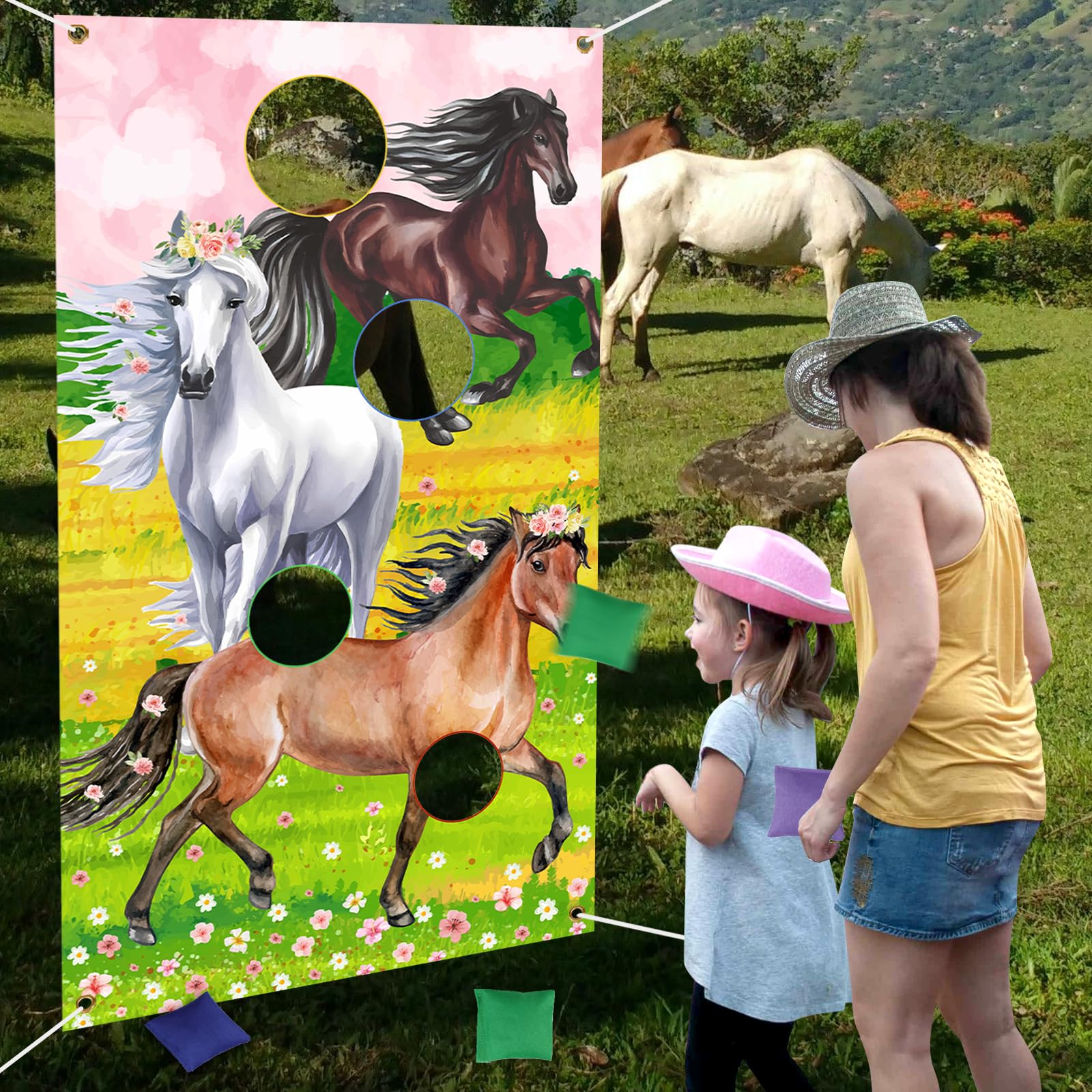 JOYMEMO Horse Toss Games with 4 Bean Bags Pink - Horse Birthday Party Games Include Horse Toss Game Banner and Bean Bags for Girls Adults, Western Cowgirl Theme Birthday Party Indoor Outdoor
