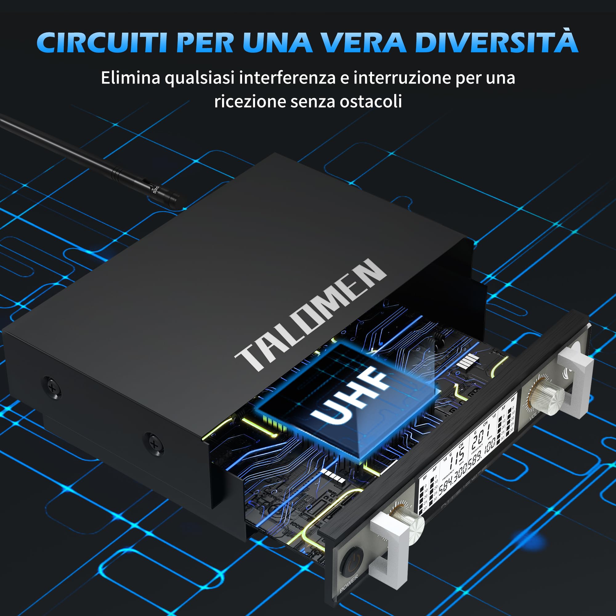 talomen Set Microfoni Wireless UHF, 2 Microfoni Dinamici a Mano in Metallo, Auto Scan, Portata 120 m, Ricevitore a Doppio Canale, Ideale per Canto, Karaoke, Feste, DJ, Chiesa – K120 Nero