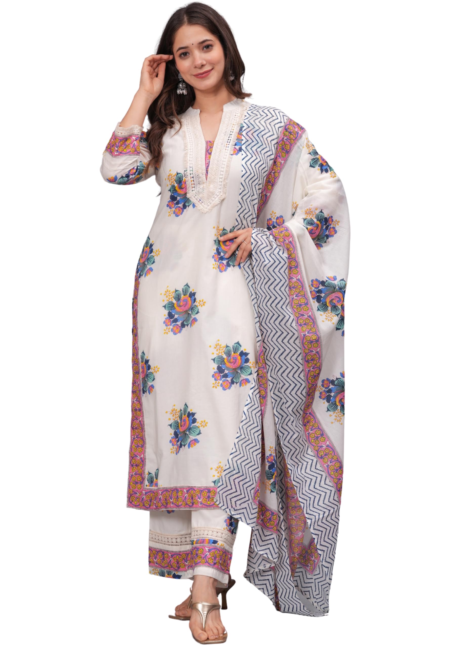 Women's Pure Cotton Printed Straight Kurta Set with Palazzo Pants & Dupatta- Ethnic Wear, White