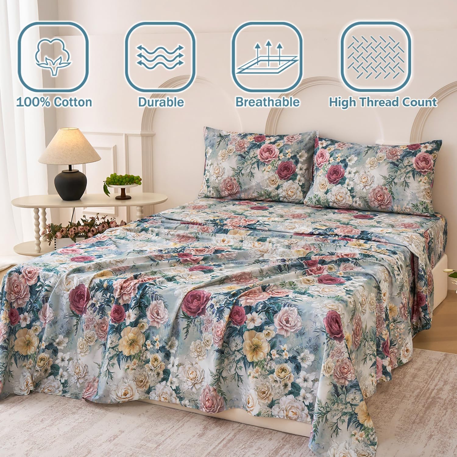 Blue Floral Bed Sheets Set 100% Cotton Percale Sheets Queen Size Shabby Vintage Chic Peony Patterned Sheets, Soft & Breathable Cottagecore Bedding, Deep Pocket Fitted Sheet 4 Pcs