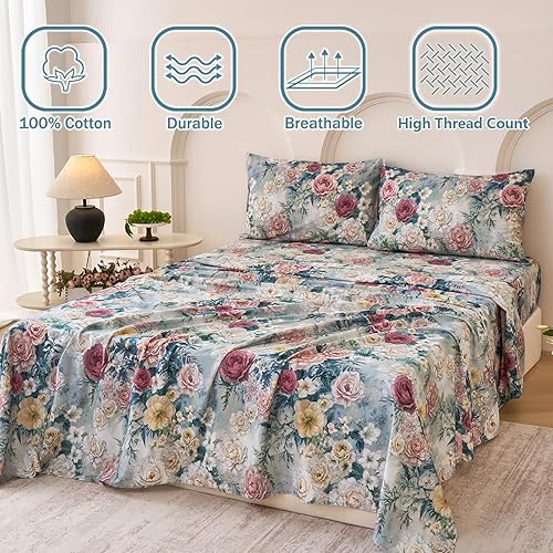 Miniatura 2 de Juego de sábanas de cama floral azul 100% algodón percal tamaño King, diseño vintage chic shabby, con patrón de peonía, ropa de cama suave y
