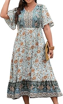 Floerns Women's Plus Size Boho Floral V Neck Short Sleeve A Line Long Dress
