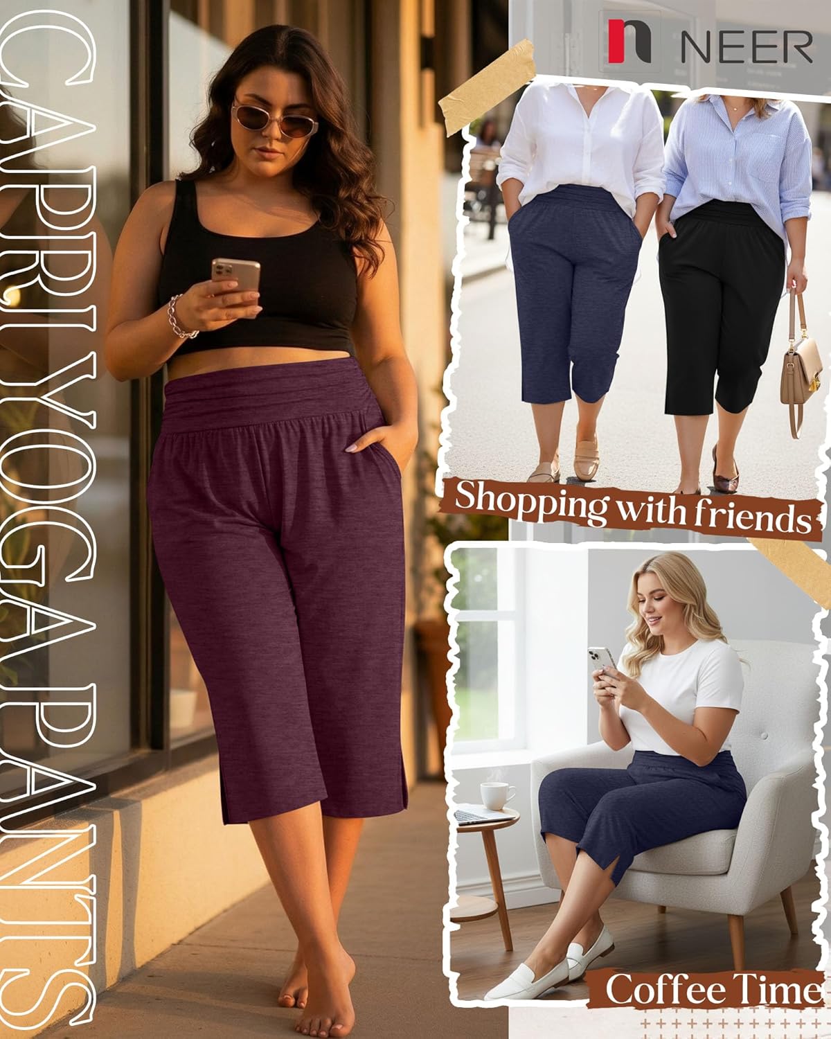 Neer 3 Pack Women's Plus Size Cotton Capri Pants High Waisted Wide Leg Loose Lounge Yoga Cropped Sweatpants with Pockets