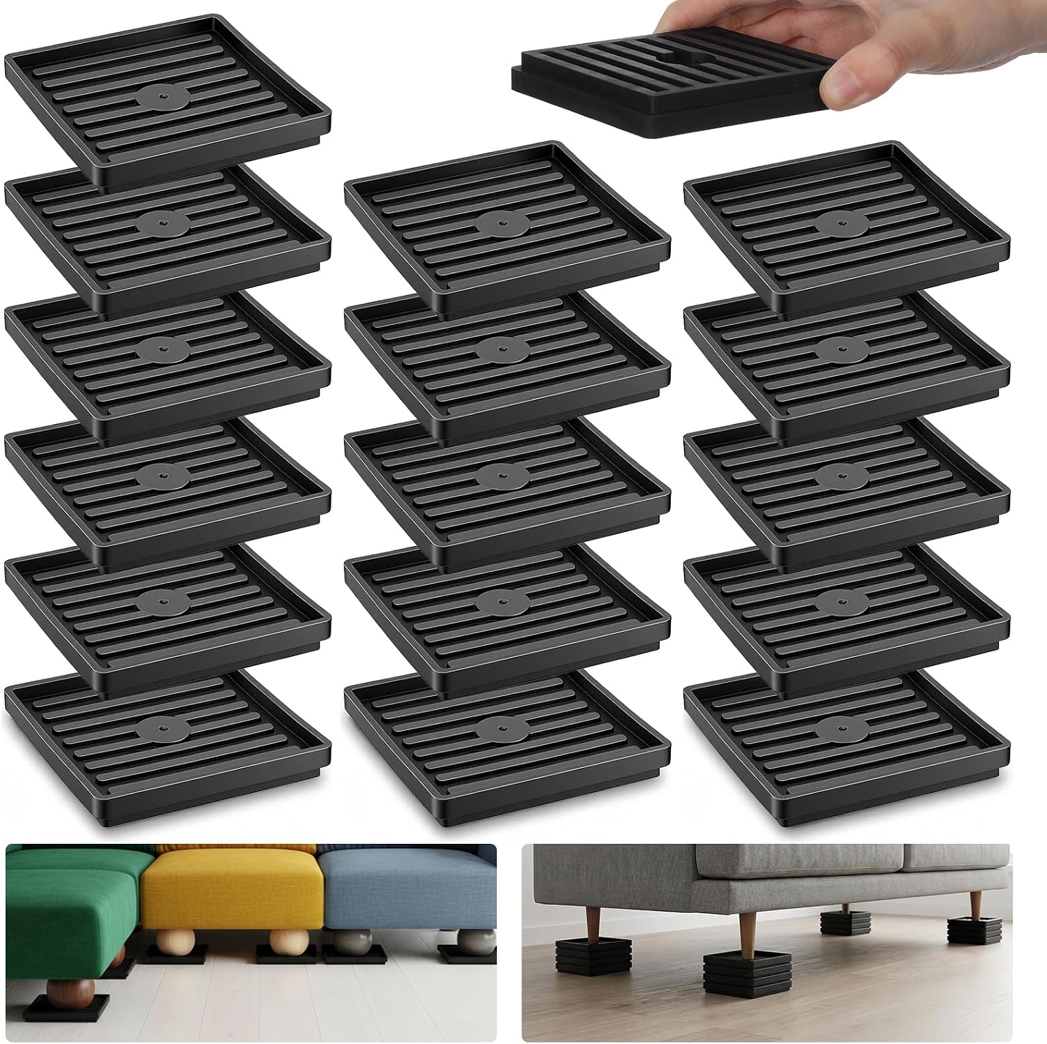 Set of 16 Bed Risers Heavy Duty, 3.3" Stackable Adjustable Furniture Risers, Soild Thickened Plastic Couch Riser for Table, Desk, Sofa, Chair, Recliner - Black