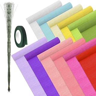 12 Rolls Crepe Paper Rolls 12 Colors Crepe Paper Sheets Streamer with Floral Stem Wire and Green Floral Tapes for Birthday Parties Weddings Festival Decoration (10 Inch x 8 Feet)