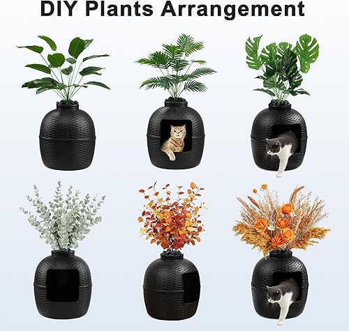 Miniatura 6 de Caja de arena oculta con planta sintética, muebles con patrón de ratán para gatos grandes, filtro de carbono, fácil de montar y limpiar, color negro