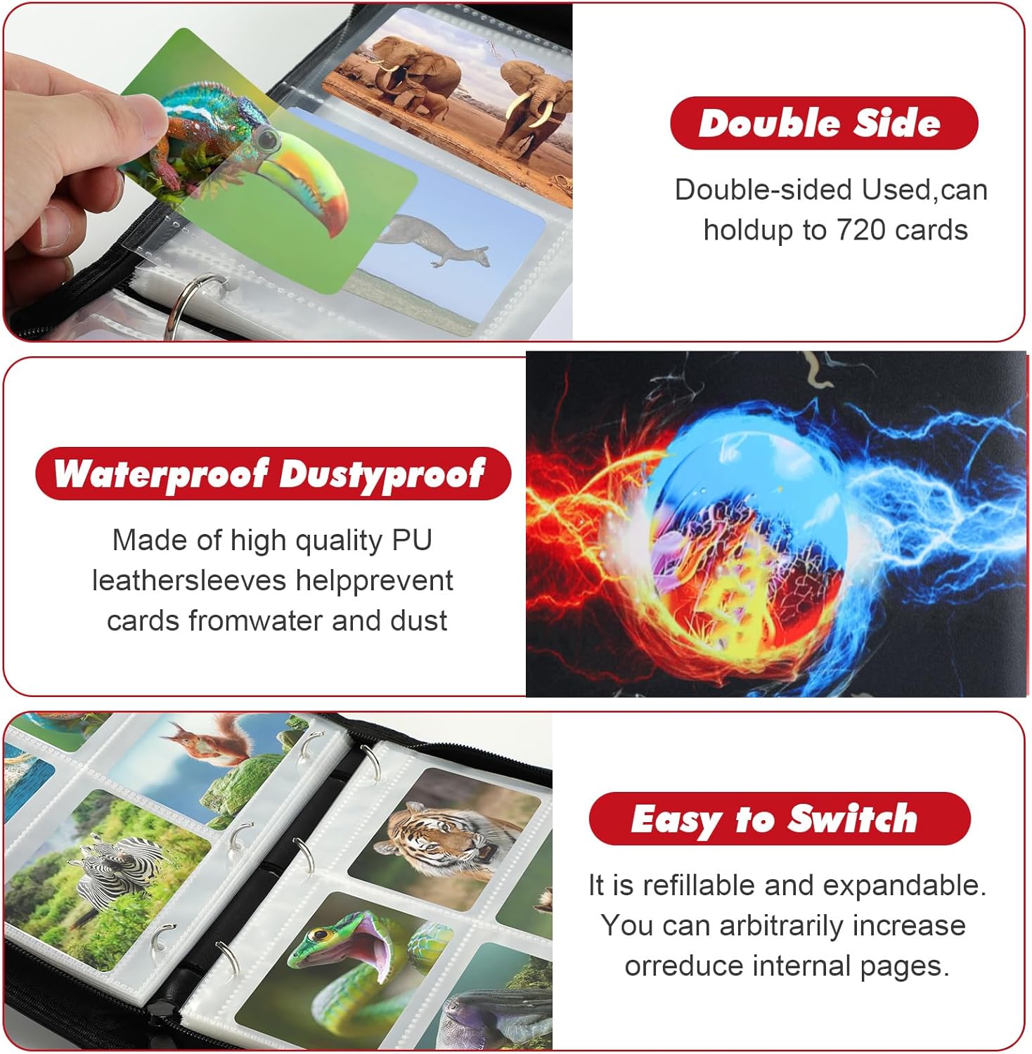 Card Binder 4 Pocket, Trading Card Holder Collector Album Fits 400 Cards with 50 Removable Sleeves Compatible with Pokemon Cards Game Sports Card Case Book With Zipper for Gifts (Black)