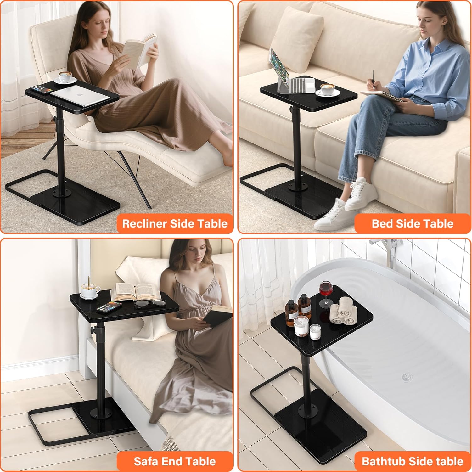TV Tray Table for Couch - Adjustable Height & 360°Swivel Panel Design，Larger Metal and Wooden Base to Prevent Slipping，Sofa Armrest Tray Table for Eating Laptop Couch Bed Dinner or Small Space