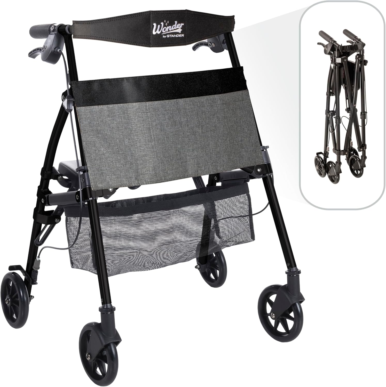 Stander Wonder Rollator Plus Short, Lightweight Junior Folding Mobility Aid for Petite Adults, Seniors, and Elderly, Collapsible Travel Rolling Walker with Four Wheels and Seat, Matte Black Matte Black Short