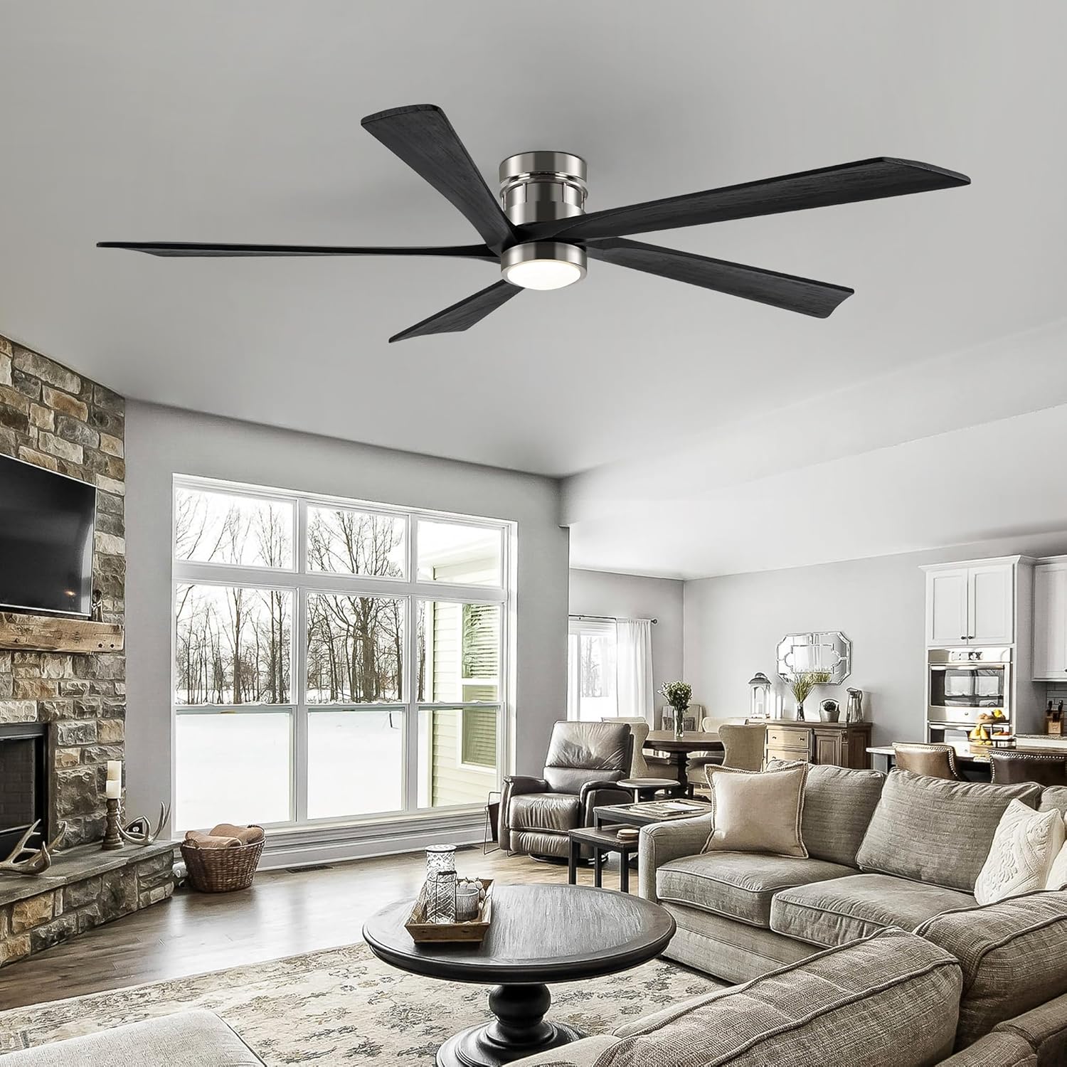 72 Inch Modern Flush Mount Ceiling Fans with Light for Bedroom, 5 Reversible Wood Blades, 6-Speeds, 110V Noiseless DC Motor (Brushed Nickel Finish & Black Blades)