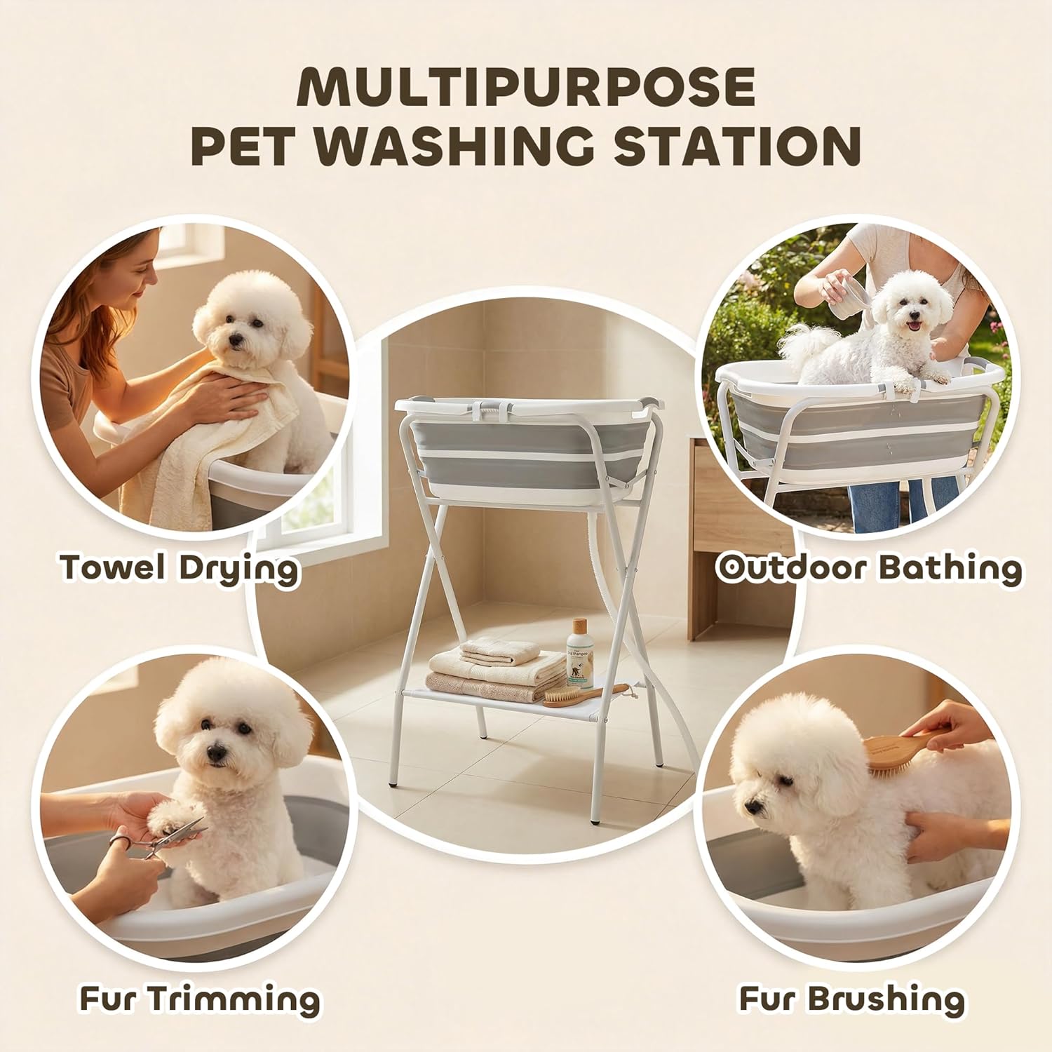 PawHut 2 in 1 Dog Bath Tub, Dog Washing Station for Bathing and Grooming, Elevated Shower Bath Tub, Collapsible Foldable Portable Bathtub for Small Dogs Puppy Cats Pet, Indoor and Outdoor