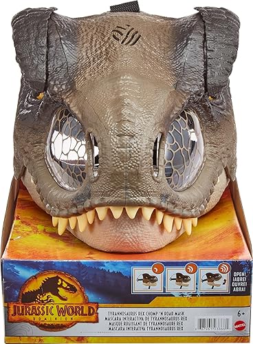 Miniatura 6 de Máscara de dinosaurio Jurassic World Dominion Tyrannosaurus Rex Chomp N Roar con movimiento y sonidos, disfraz de T Rex para niños, juego de rol