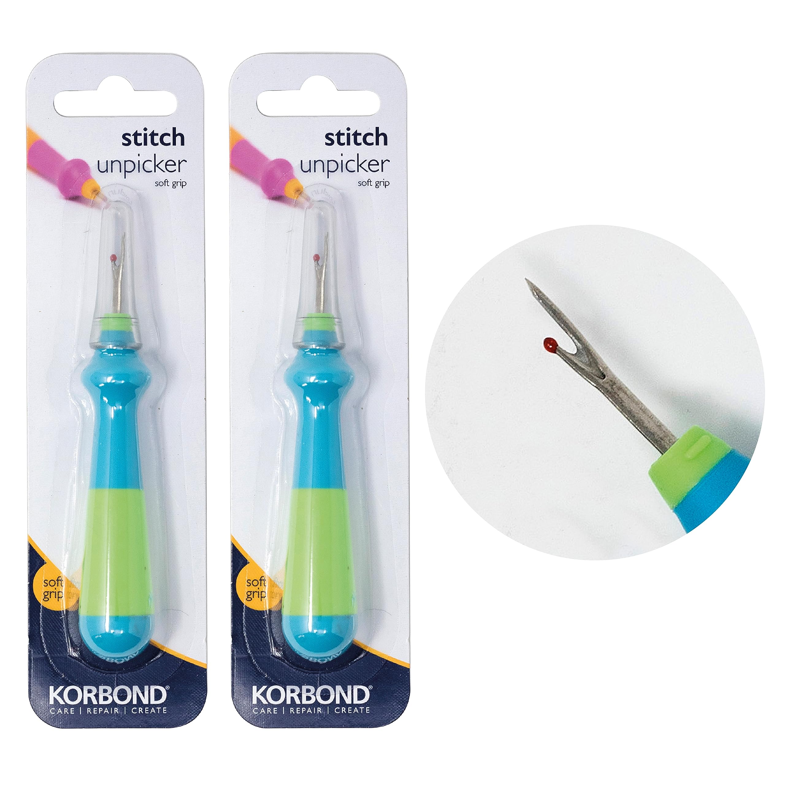 Korbond Easy Grip Seam Ripper Twin Pack – 12cm – Set of 2 Large Handled Stitch Unpicker with Comfort Grip & Protective Cap, Blue