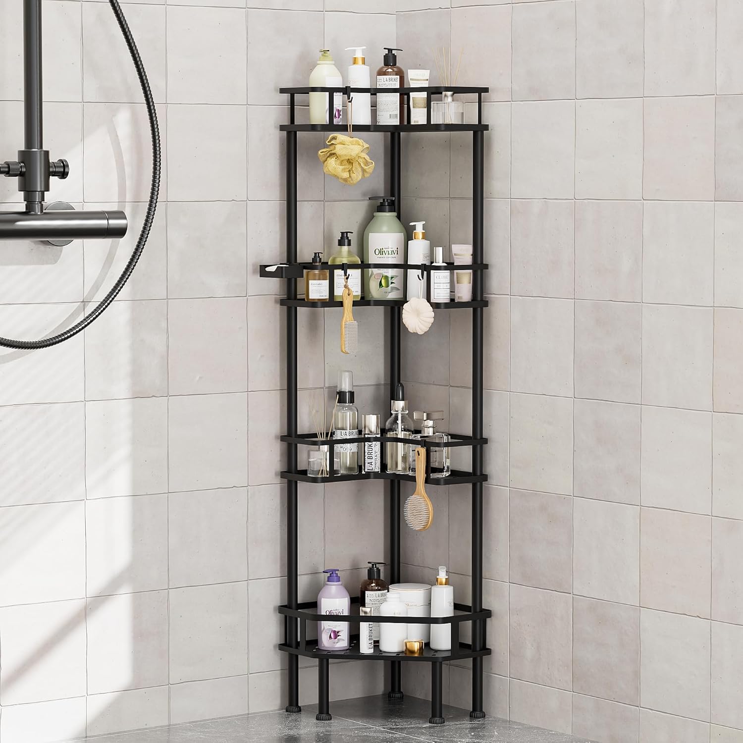 FJNATINH Corner Shower Caddy - 4-Tier Bathroom Organizer with Adjustable Feet Heavy Duty Shower Shelf for Shampoo Soap