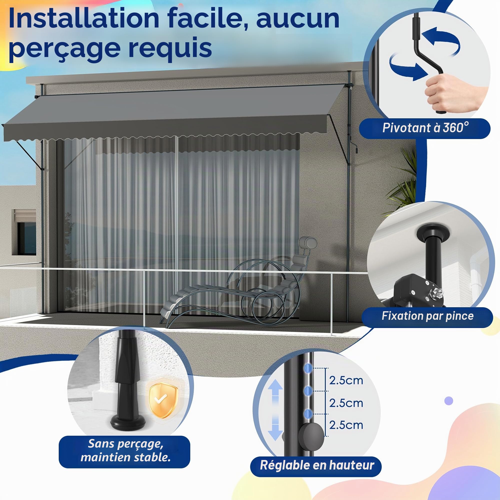 UISEBRT Store de balcon réglable sans perçage, protection UV, protection solaire, résistant aux intempéries, gris foncé (3 x 1,20 m, gris foncé)