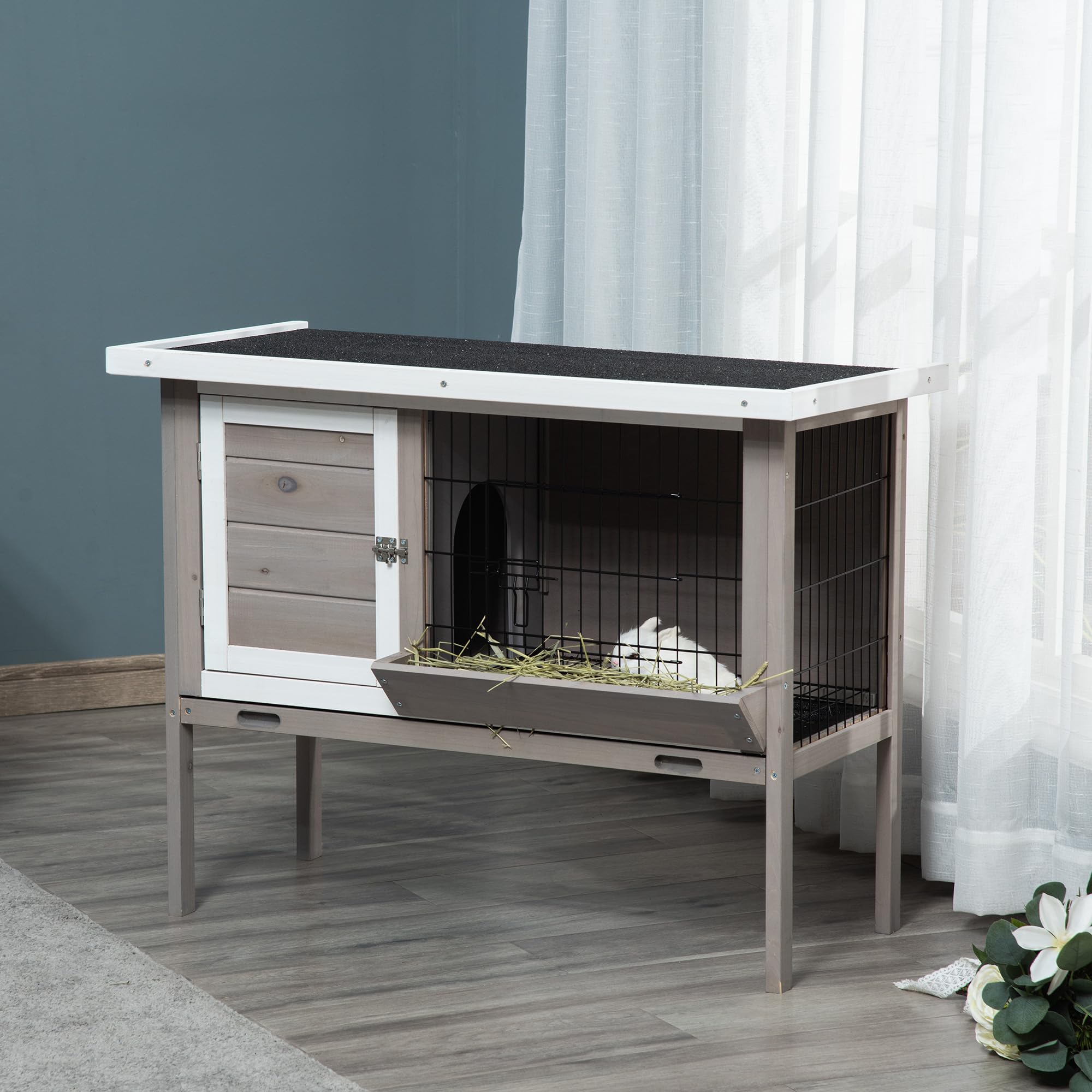 PawHut Clapier en Bois pour Lapin avec Mangeoire 91 x 46 x 71 cm Gris